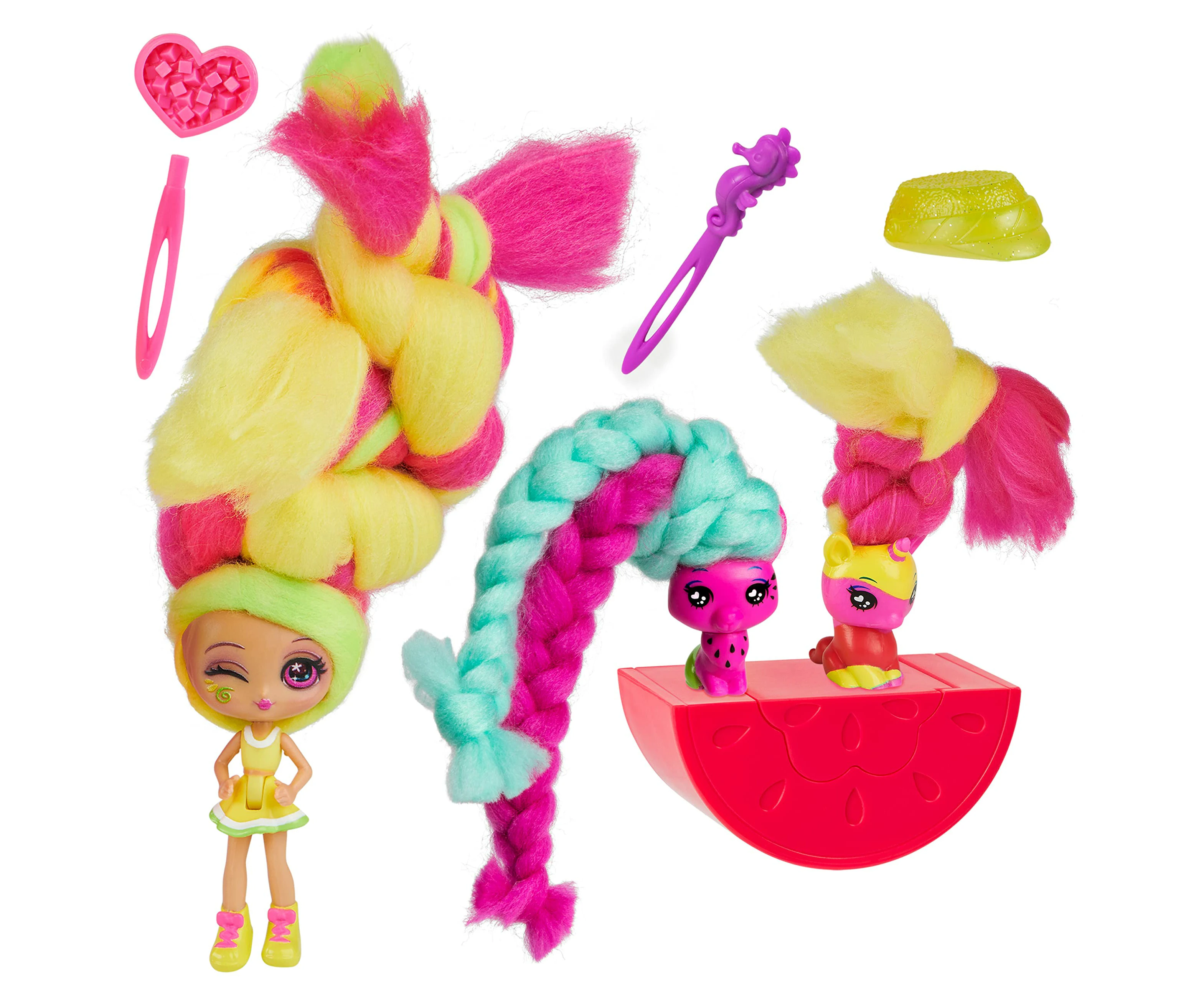 Candylocks, 3-Pack, Lemon Lou Twist 7.5-cm Scented Collectible Surprise Doll and 2 Pets with Accessories - Toy for Kids - Perfect Gift for children