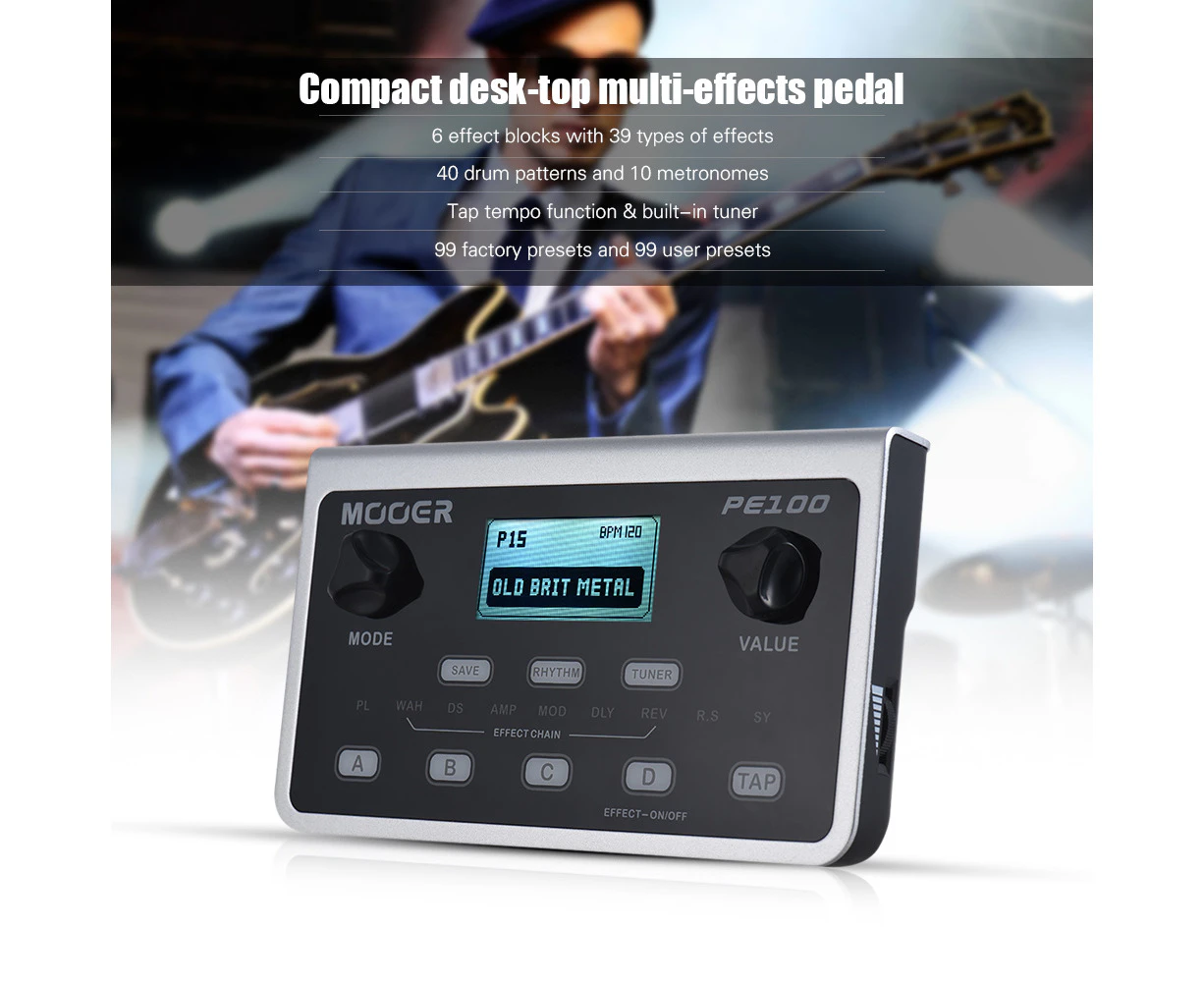 MOOER PE100 Portable Multi-effects Processor Guitar Effect Pedal 39 Effects 40 Drum Patterns 10 Metronomes Tap Tempo