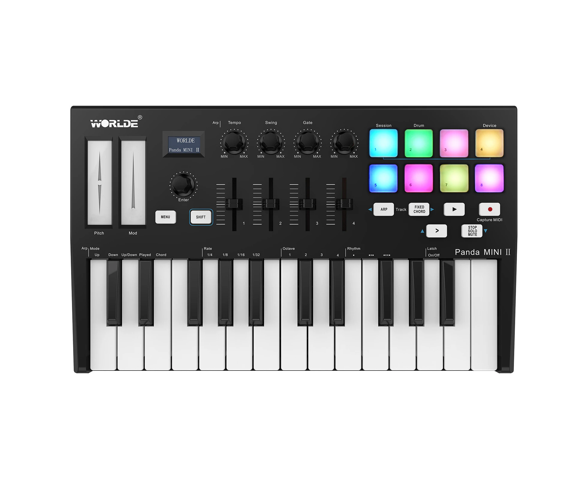 WORLDE Panda MINI II Portable 25-Key USB MIDI Keyboard Controller with 8 RGB Backlit Trigger Pads 4 Assignable Control Knobs 4 Assignable Sliders