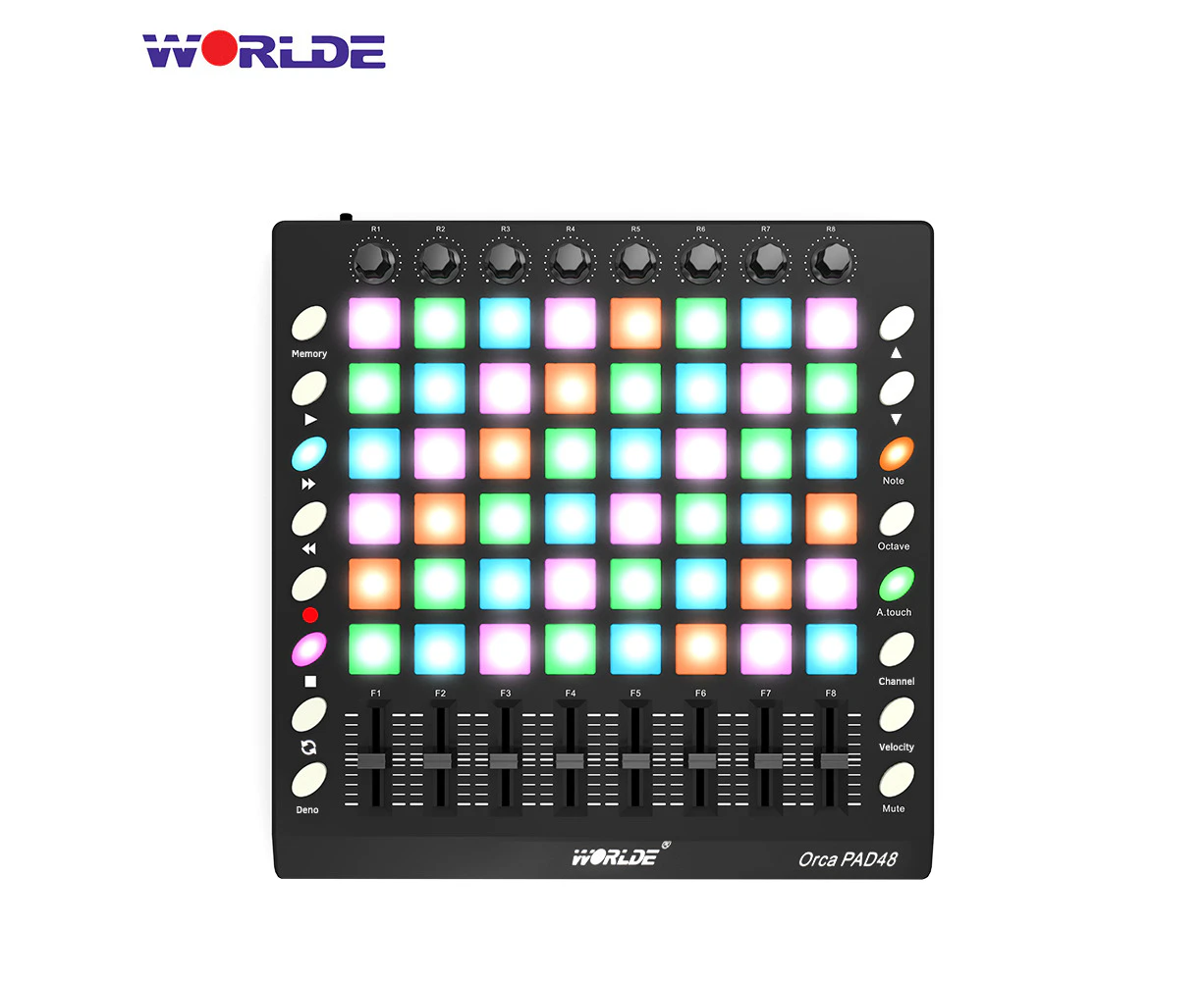 WORLDE PAD48 Portable USB MIDI Drum Pad Controller 48 RGB Backlit Pads 8 Knobs 16 Buttons 8 Sliders with USB Cable