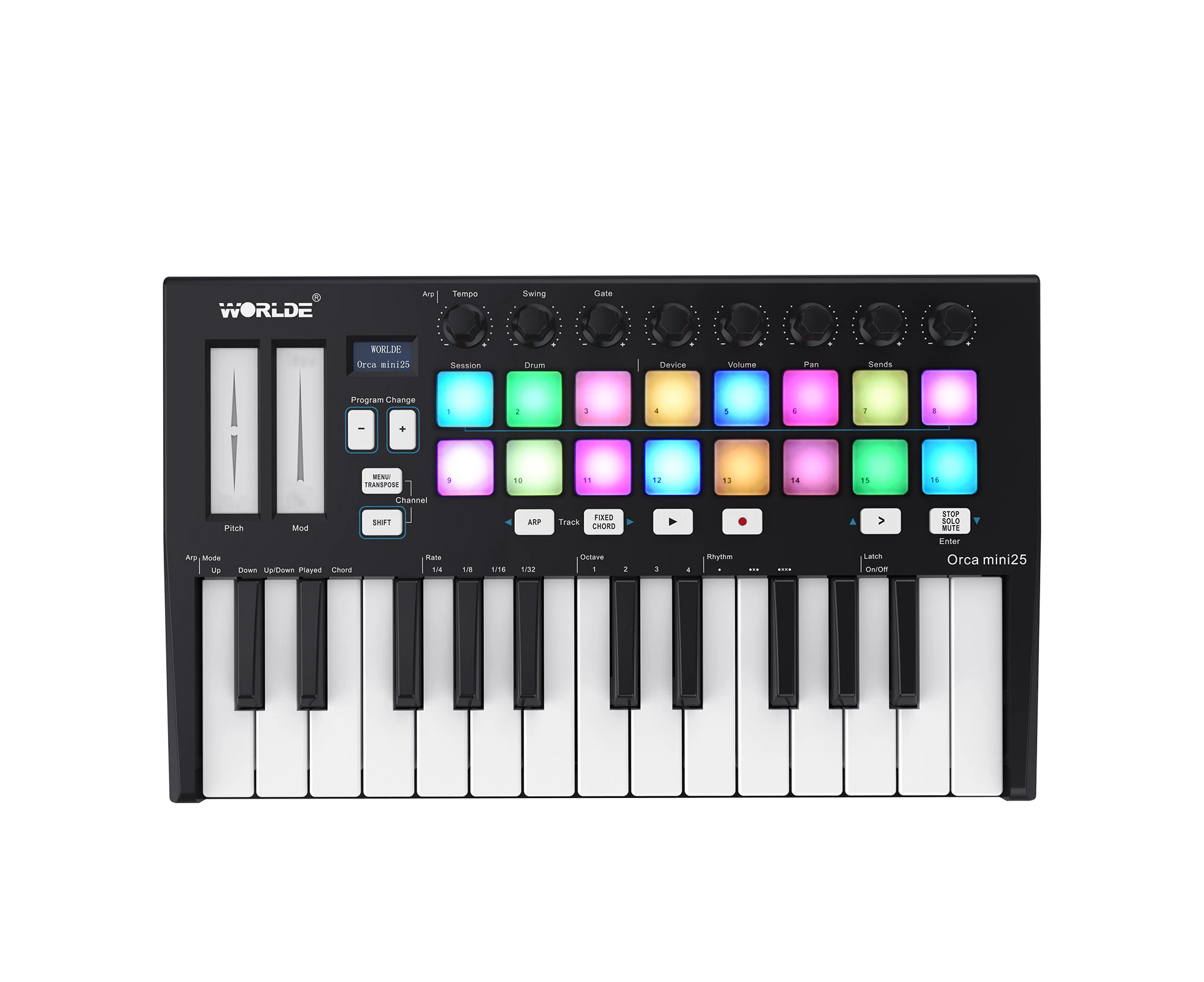 WORLDE Orca mini25 Portable 25-Key USB MIDI Keyboard Controller with 16 RGB Backlit Trigger Pads 8 Assignable Control Knobs