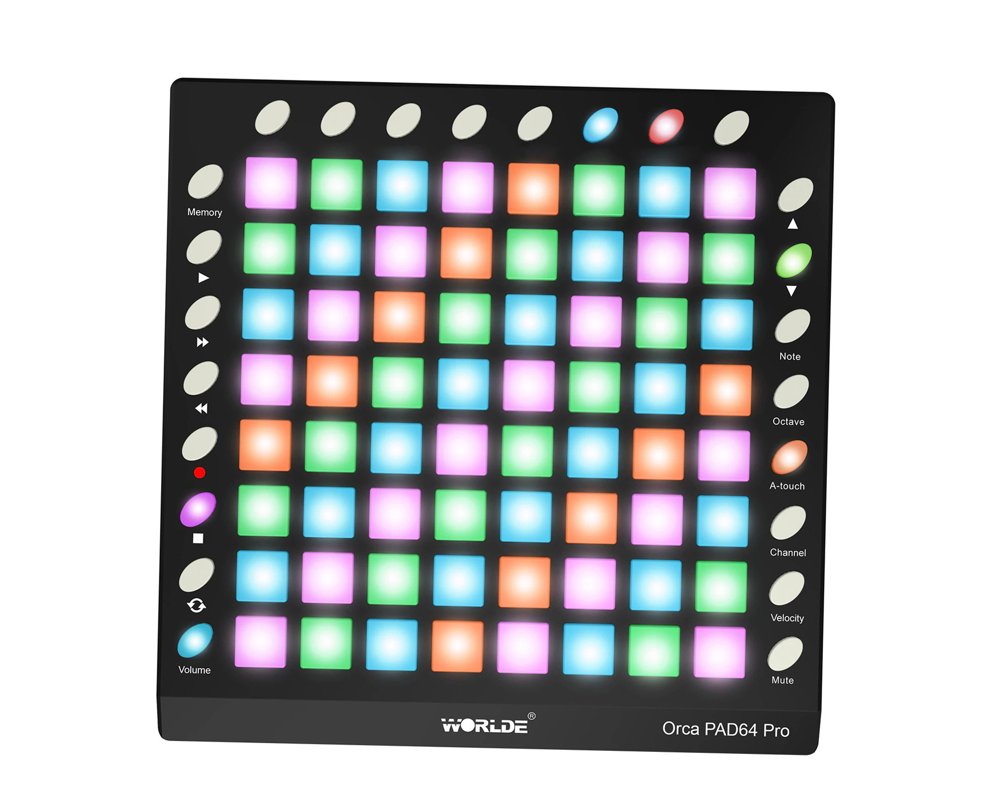 WORLDE ORCA PAD64-A Pro Portable USB MIDI Drum Pad Controller 64 RGB Backlit Pads 24 Buttons Built-in 128MB Sound Module with USB Cable