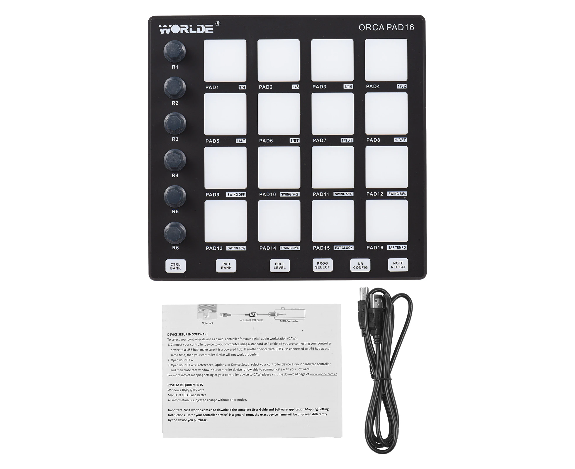 WORLDE MIDI Controller Beat Maker Machine 6 Assignable Knobs Note Repeat Full Level Buttons and Production Software Portable Mini MIDI Controller Pad USB f