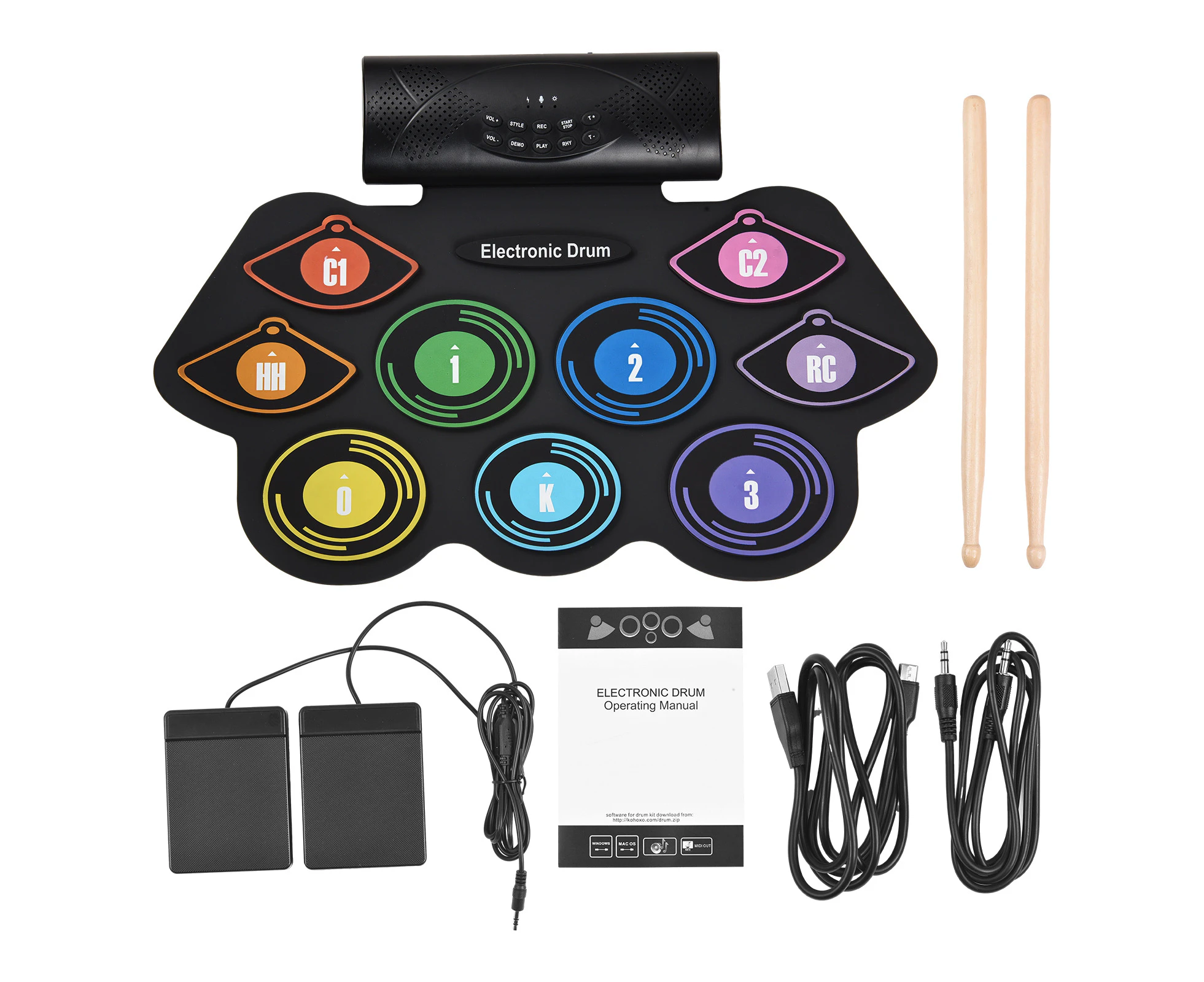 Electronic Drum Set Hand Roll Drum Set 9 Pads Built-in Stereo Speaker with Drumsticks Foot Pedal Holiday Birthday Gift Colorful Practice Pad Drum Kit