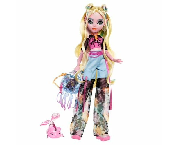 Monster High Lagoona Blue Doll in Mesh Tee and Cargo Pants, Includes Pet Fish Neptuna and Accessories like a Backpack, Snack and Notebook