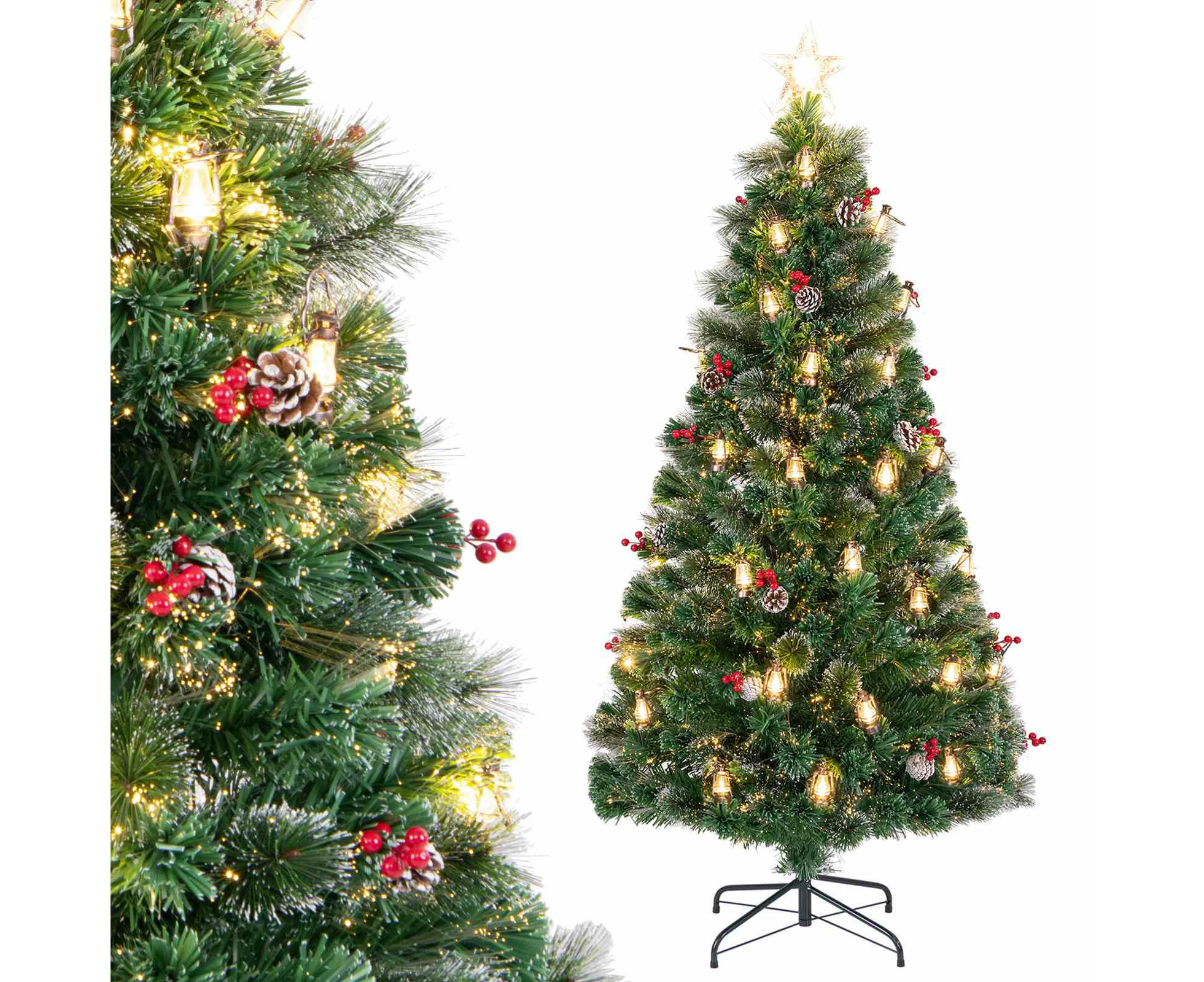 Costway Pine Needle Christmas Tree 8 Lighting Modes Xmas Decoration w/Optic Fibre & Kerosene Lamps