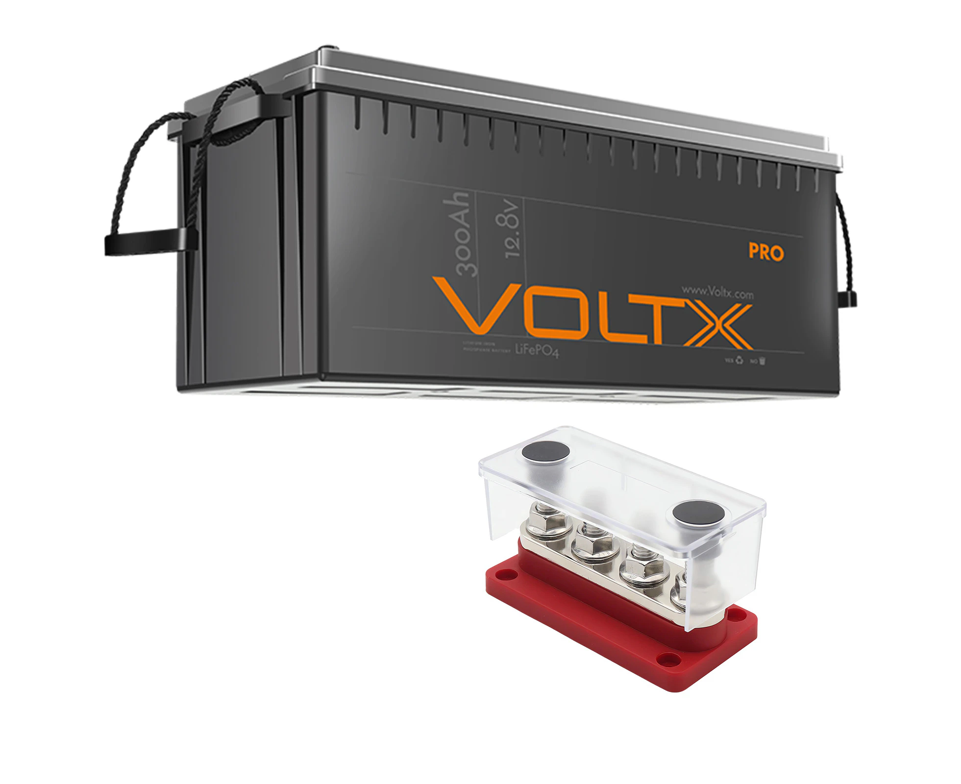 VoltX 12V 300Ah Lithium Battery + Bus Bar M8 Power Distribution Terminal Block (4 GANG 300A Red)