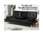 ALFORDSON Sofa Bed Lounge 3 Seater Futon Couch Cup Holder Leather Black