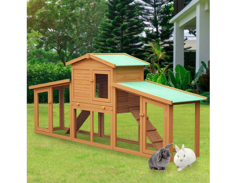 Advwin Rabbit Hutch Chicken Coop 204cm x 45cm x 85cm Large Run Wooden Outdoor Bunny Cage House