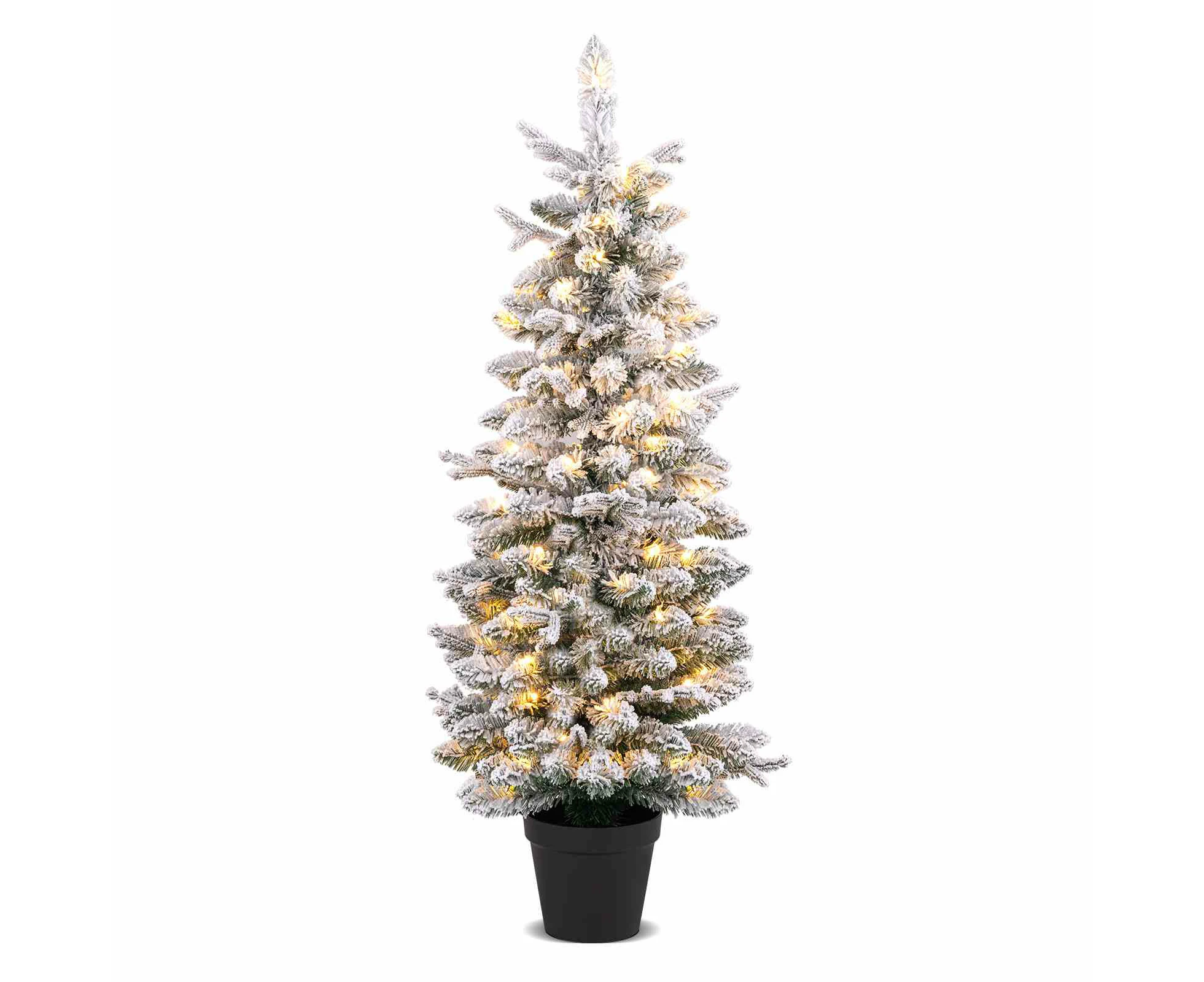 Costway Christmas Snowy Pencil Tree PE Potted Spruce Tree w/8 Lighting Modes Xmas Decoration