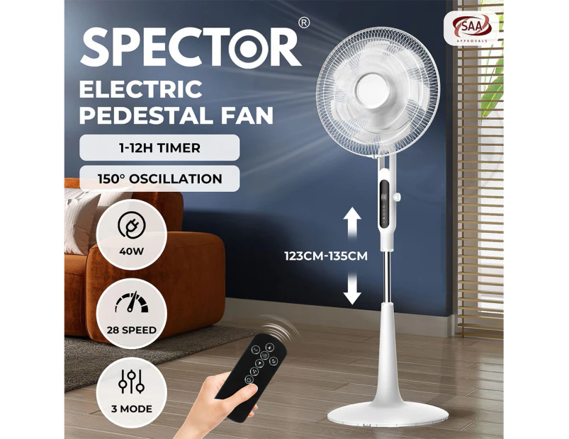 Spector Pedestal Fan Tilt & Oscillating 28 Speed Cooler Timer Adjustable Height