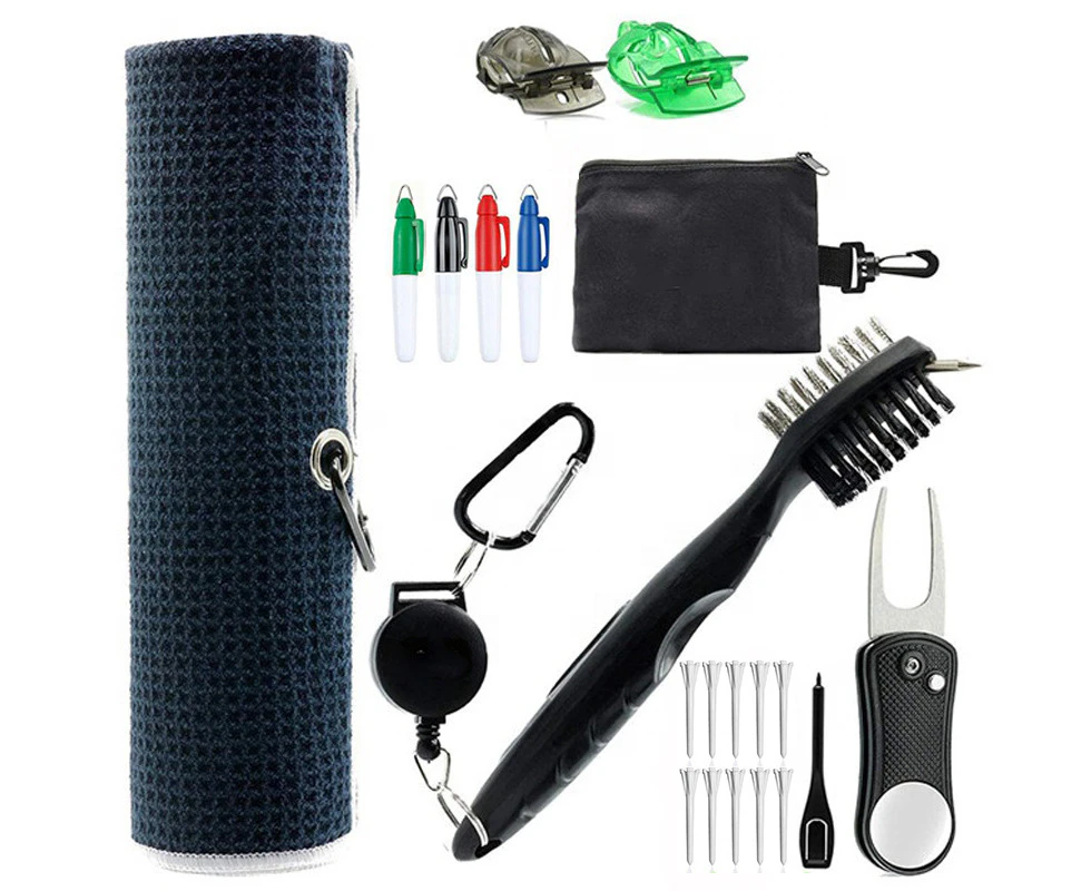 Golf Essentials Kit | Golf Towel | Cleaning Brush | Golf Alignment Kit | Marker | Green Fork