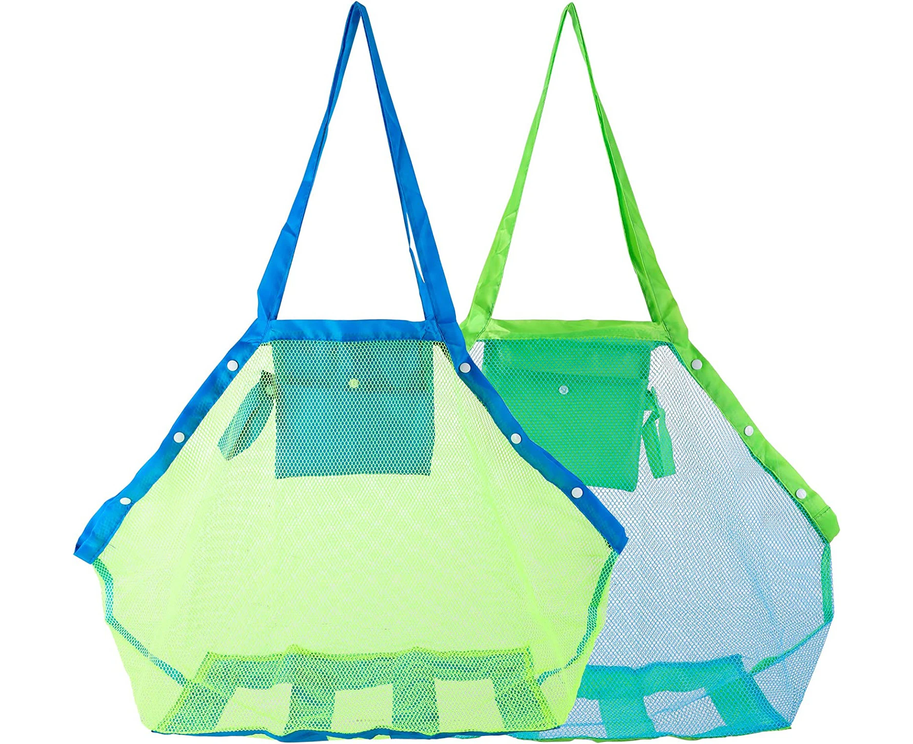 Mesh Beach Tote Bag, Kids Sea Shell Bags,2 Pack Large Beach Toy Bag Away from Sand,Bag Toys Organizer,Sand Toys Collector-Beach Pool Gear(Green+Blue)