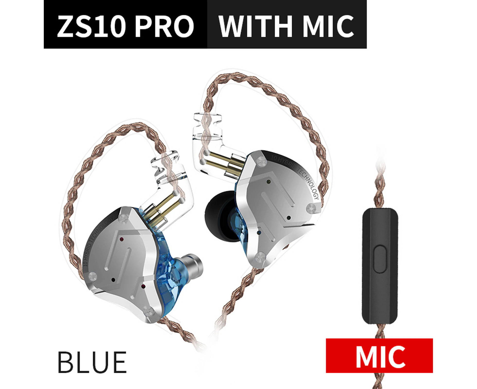 KZ ZS10 Pro 3.5mm Wired In-ear Headphones 1DD+4BA Hybrid HiFi Music Earphone Sports Headset 2pin Detachable Cable In-line Control with Mic