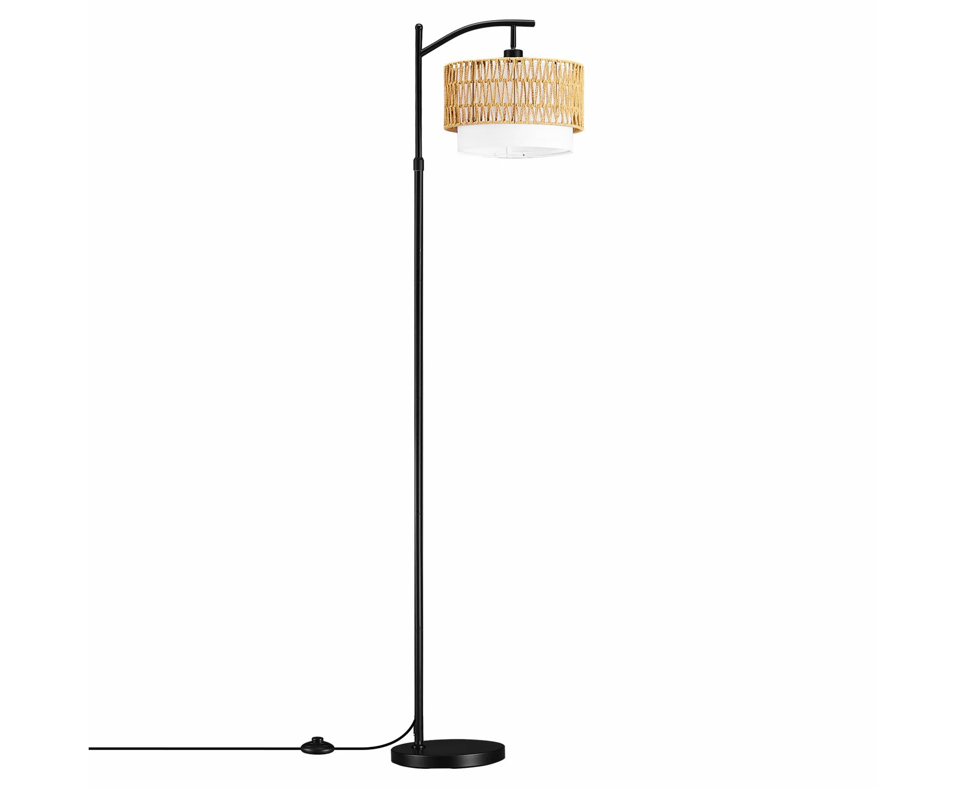 Modern LED Floor Lamp Black Tall Free Standing Adjustable Book Reading Corner Light for Bed Living Room with Rattan Fabric Lampshade