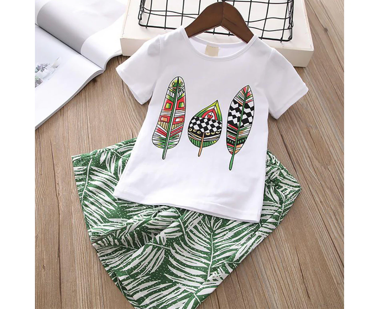 Kids Children Girls Summer Beach Casual Short Sleeve Leaves Printed T-Shirt and Wide Leg Palazzo Pants Outfit