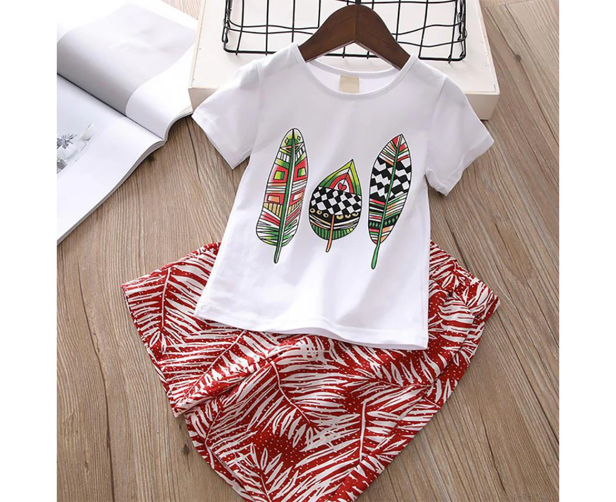 Kids Children Girls Summer Beach Casual Short Sleeve Leaves Printed T-Shirt and Wide Leg Palazzo Pants Outfit