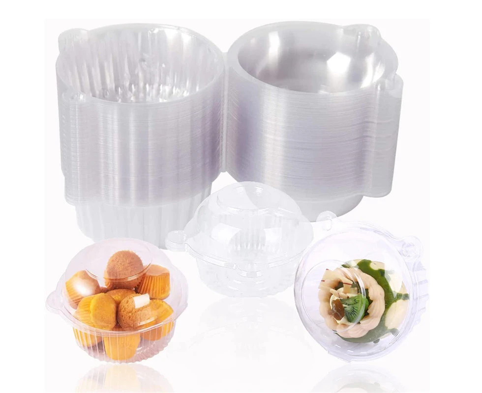 100Pcs Clear Cupcake Boxes Individual Plastic Cupcake Boxes Dome Single Cupcake Holder Hinged Food Container with Lids