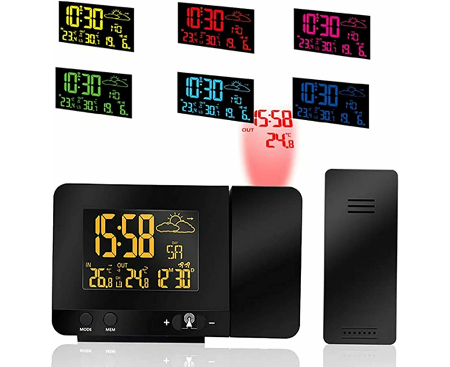 Digital Projection Alarm Clock, Indoor And Outdoor Temperature, Weather Forecast, 12/24H Day Date Display, Function