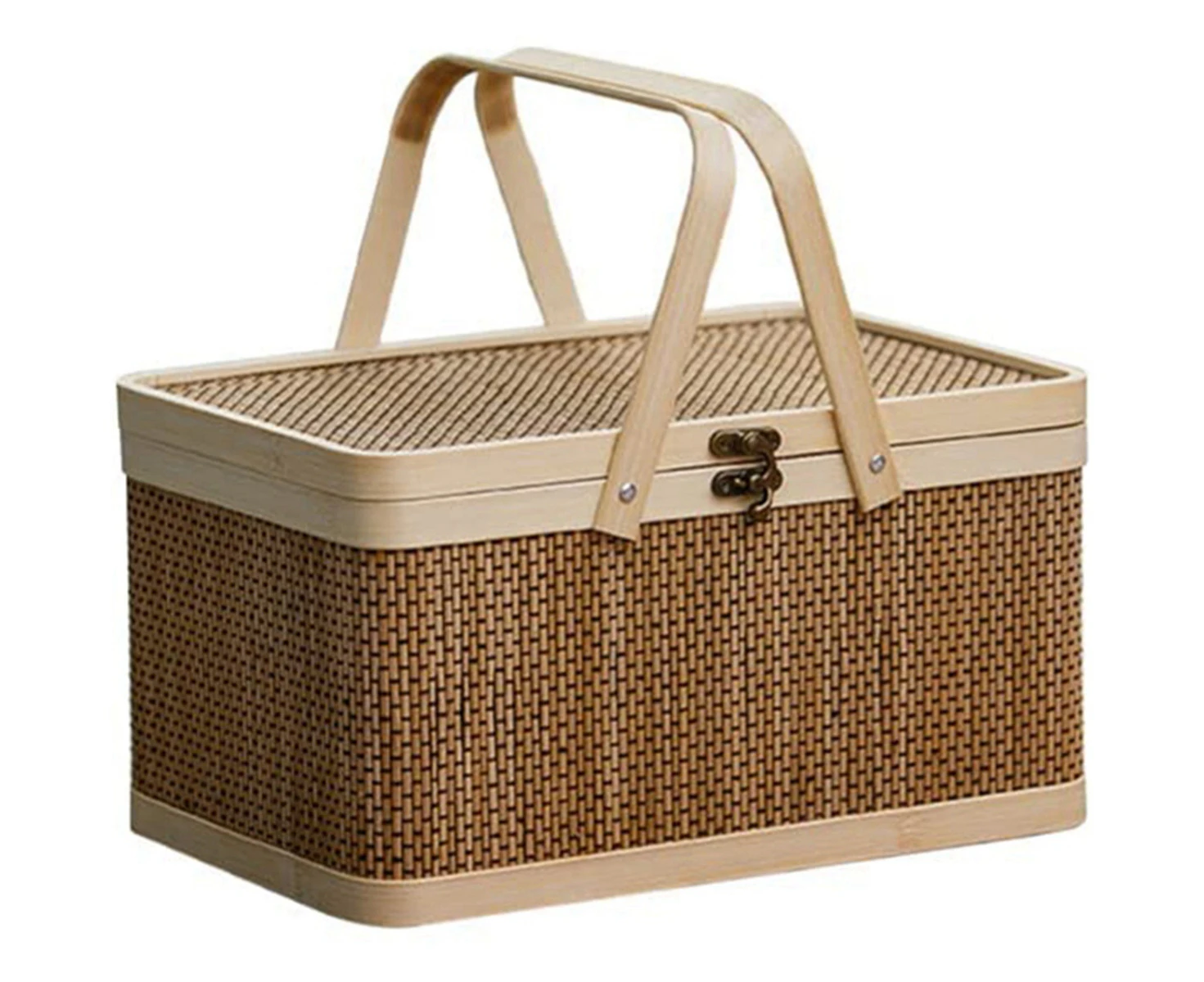 Bamboo Basket Natural -Friendly Woven Basket Bamboo Picnic Basket with Lid Handheld Snacks Bread Storage Basket