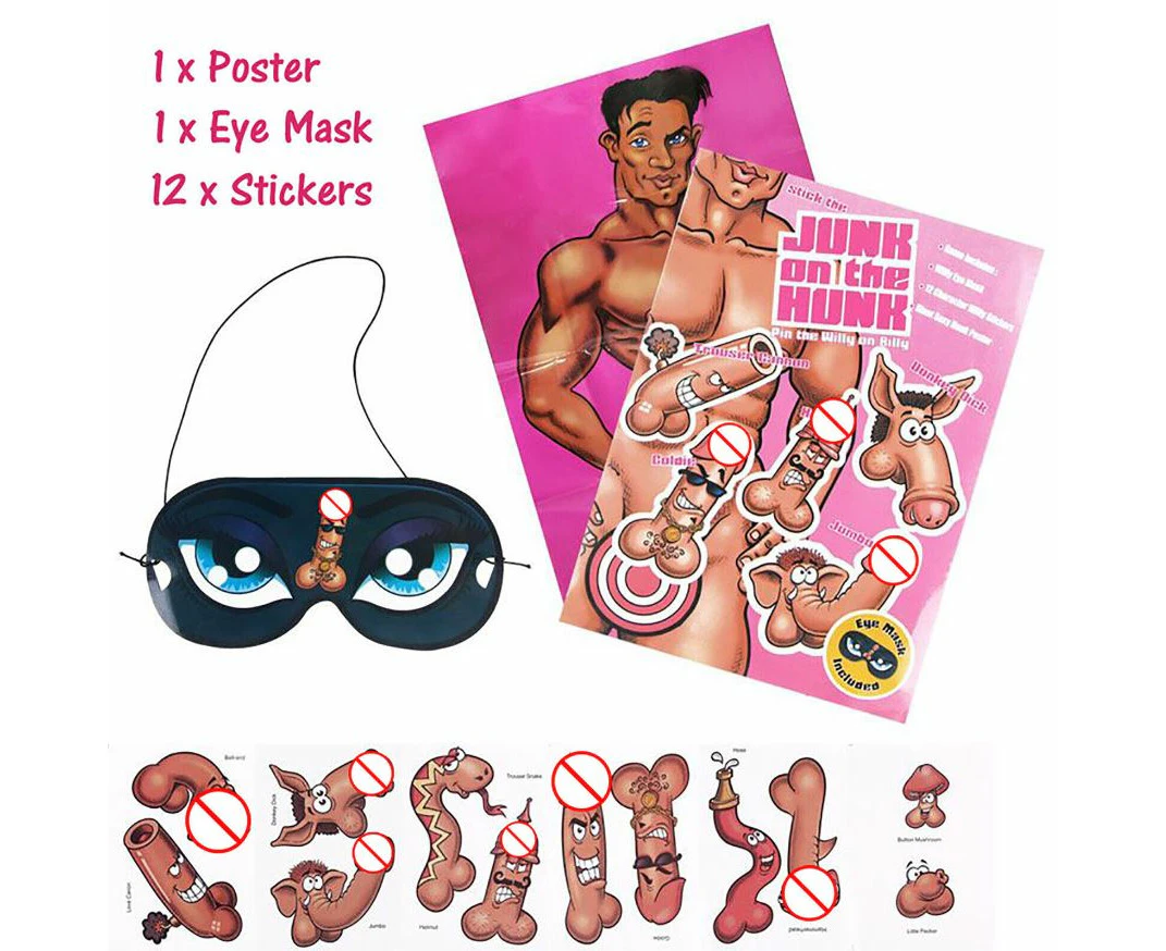 3 x Stick The Junk On The Hunk Hens Bachelorette Party Game Pin Adult Game