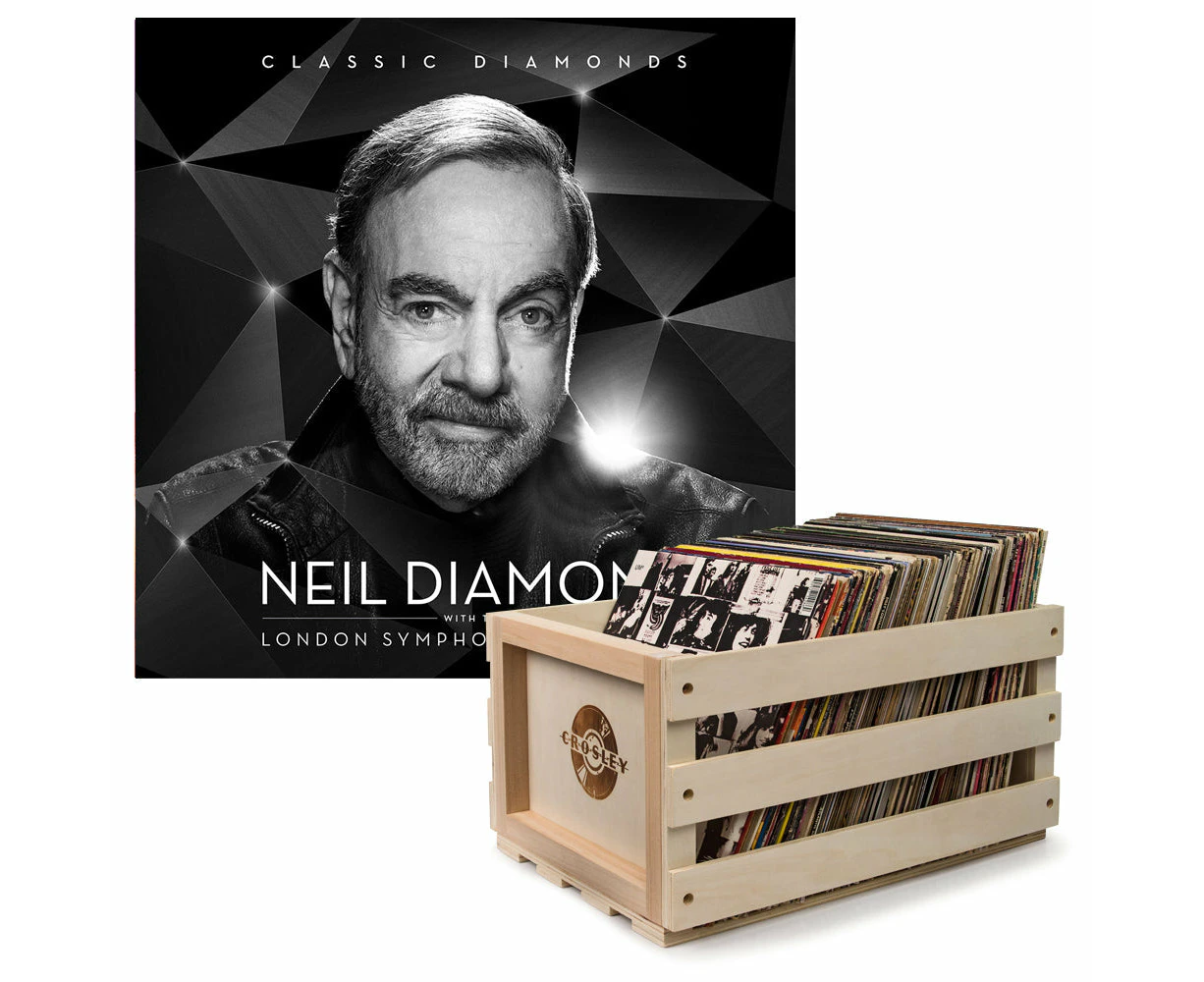 Crosley Record Storage Crate & Neil Diamond - Classic Diamonds With The London Symphony Orchestra - Double Vinyl Album Bundle