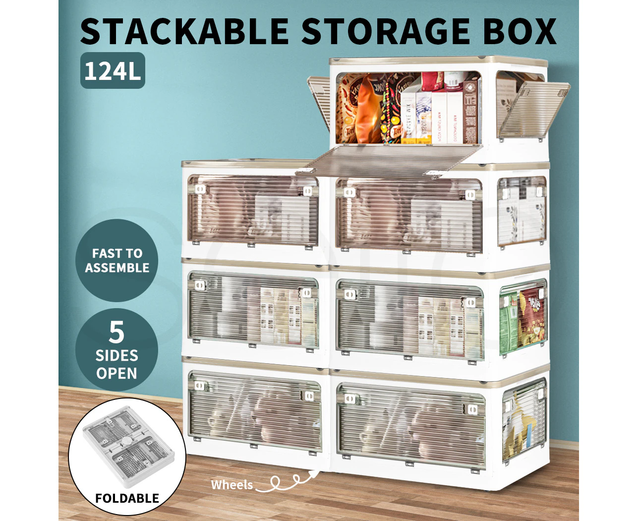 Storage Box Plastic Stackable Container Clothes Wardrobe Organiser 5 Side Open