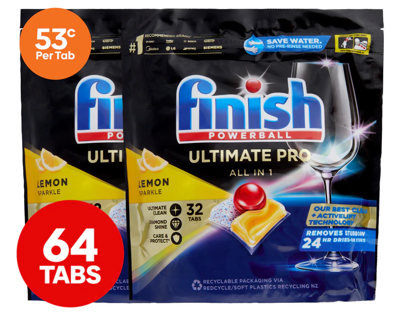 2 x 32pk Finish Powerball Ultimate Pro All In 1 Dishwasher Tablets Lemon Sparkle