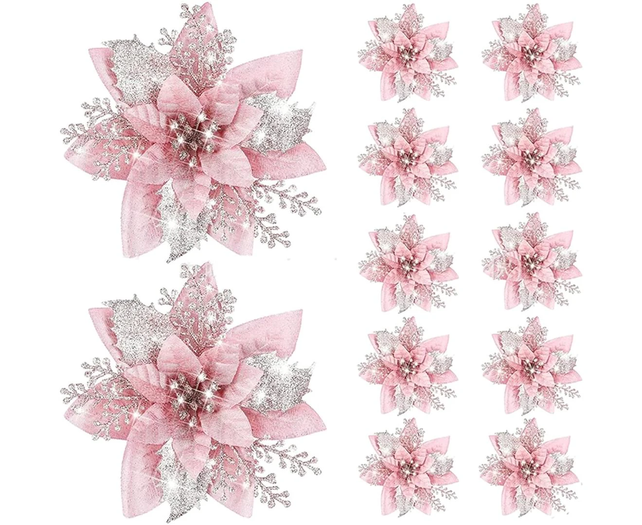 12 Pack Artificial Flowers Glitter Christmas Tree Ornaments for Party Decoration-Pink