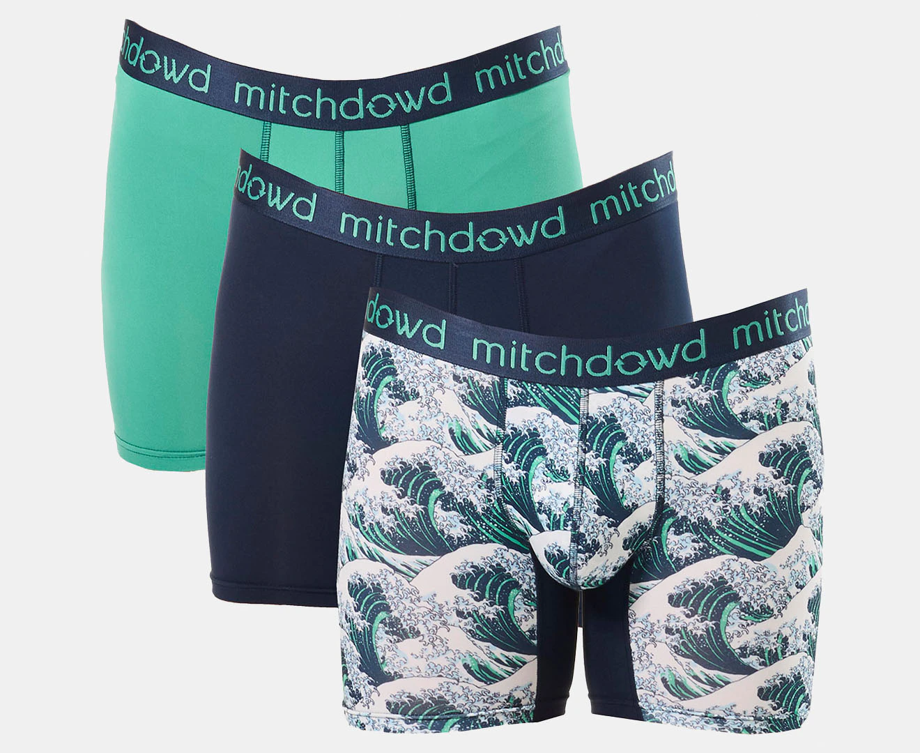 Mitch Dowd Men's Recycled Polyester Comfort Trunks 3-Pack - Green/Navy/Great Wave