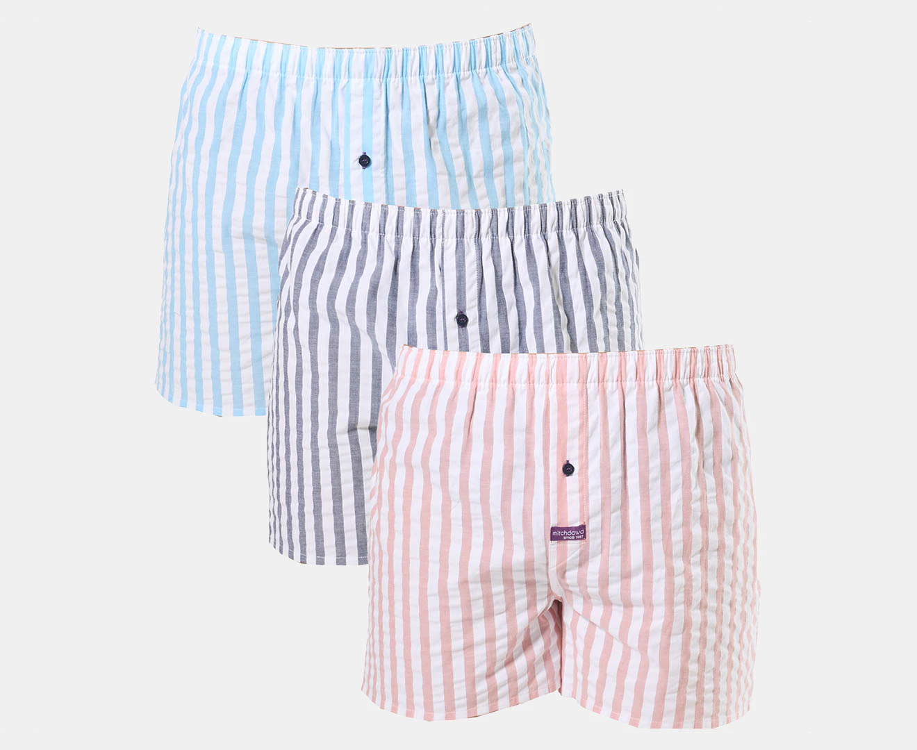 Mitch Dowd Men's Seersucker Stripe Cotton Boxers 3-Pack - Red/Navy/Blue