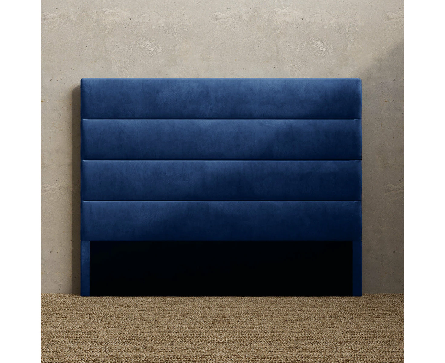 Upholstered Bed Head with Horizontal Panels in King, Queen and Double Size (Navy Blue Velvet Fabric)