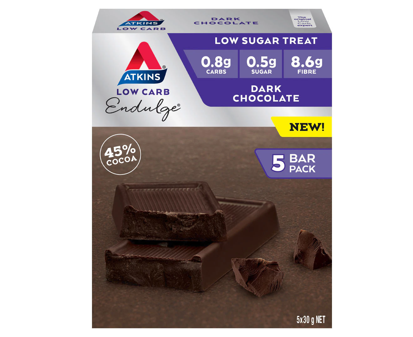 5 x Atkins Low Carb Endulge Bar Dark Chocolate 30g