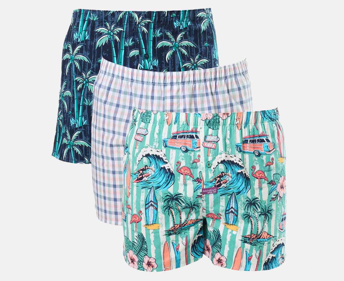 Mitch Dowd Men's Surfin' Palms Cotton Boxers 3-Pack - Green/Multi