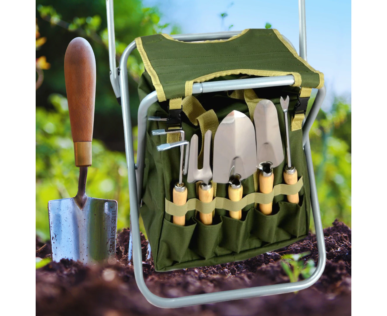 Susliving Detachable Gardening Chair Folding Stool Garden Tool Storage Bag With Tool Set