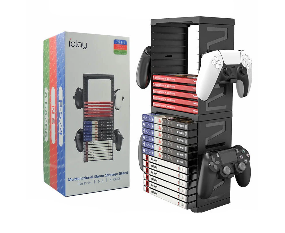 Game Disc Card Storage Tower Holder For Ps5/X-BOX SX/SS Game Disc Storage Rack With 4 Game Controllers Storage Rack