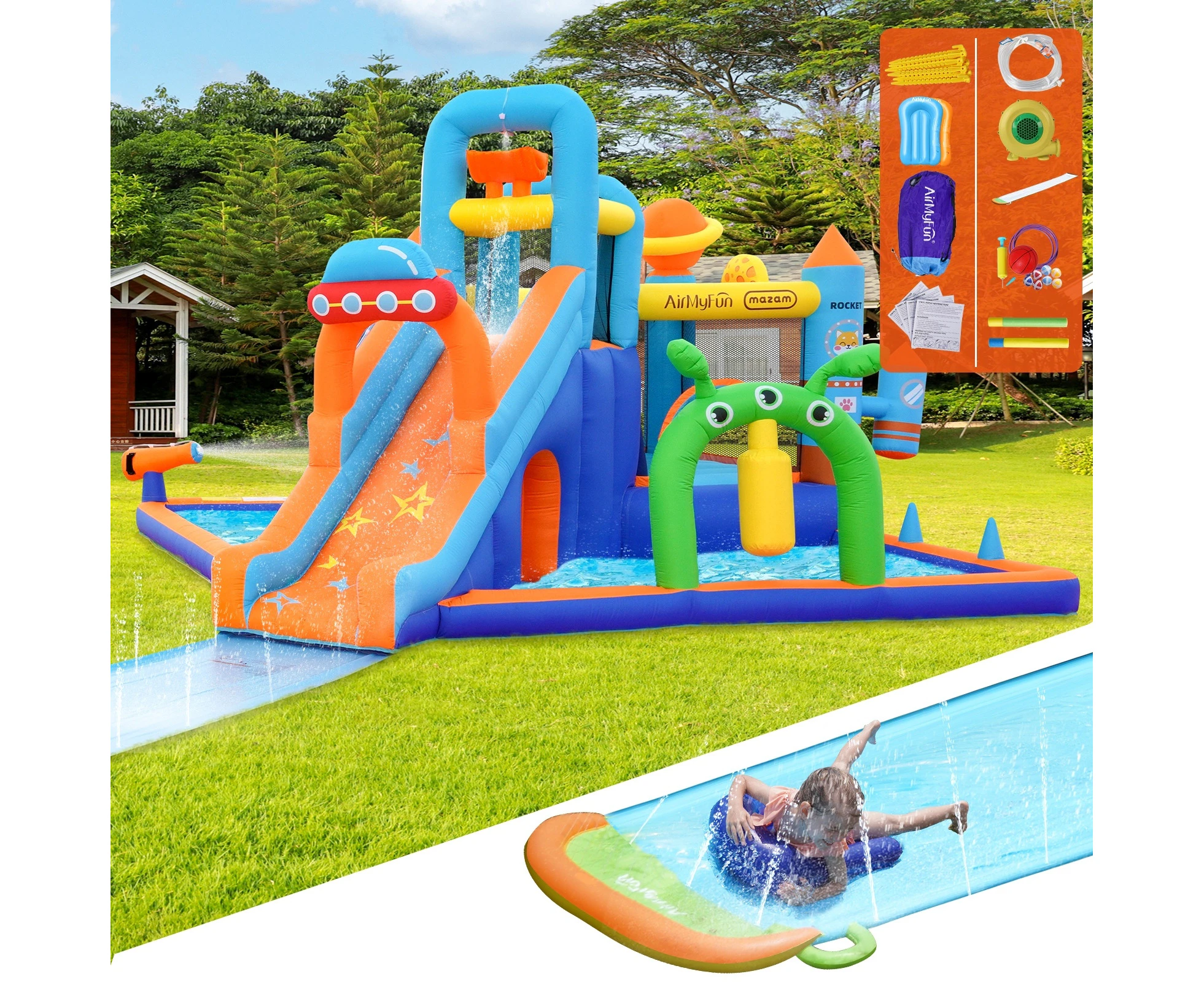 AirMyFun 12 Play Zones Inflatable Trampoline Castle Space Theme Water Slide