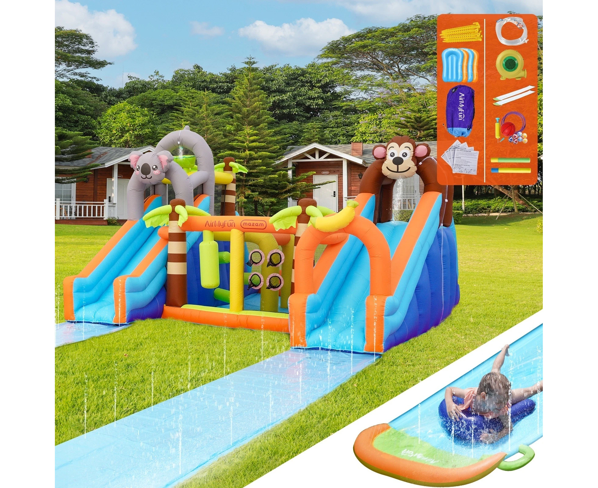 AirMyFun 12 Play Zones Inflatable Dual Water Slide Animal Theme Jumping Castle