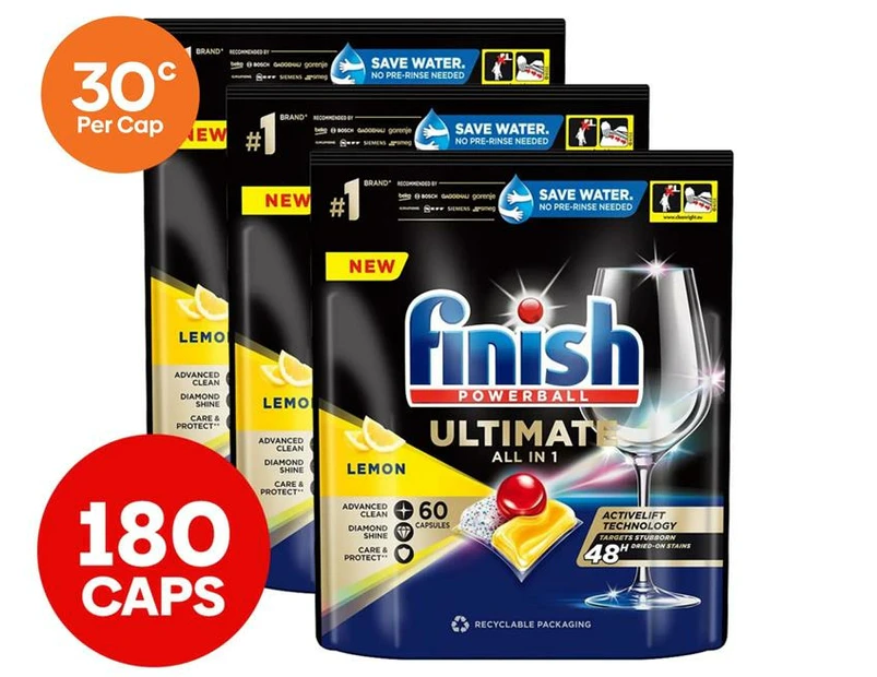 3 x 60pk Finish Powerball Ultimate All in 1 Dishwashing Caps Lemon