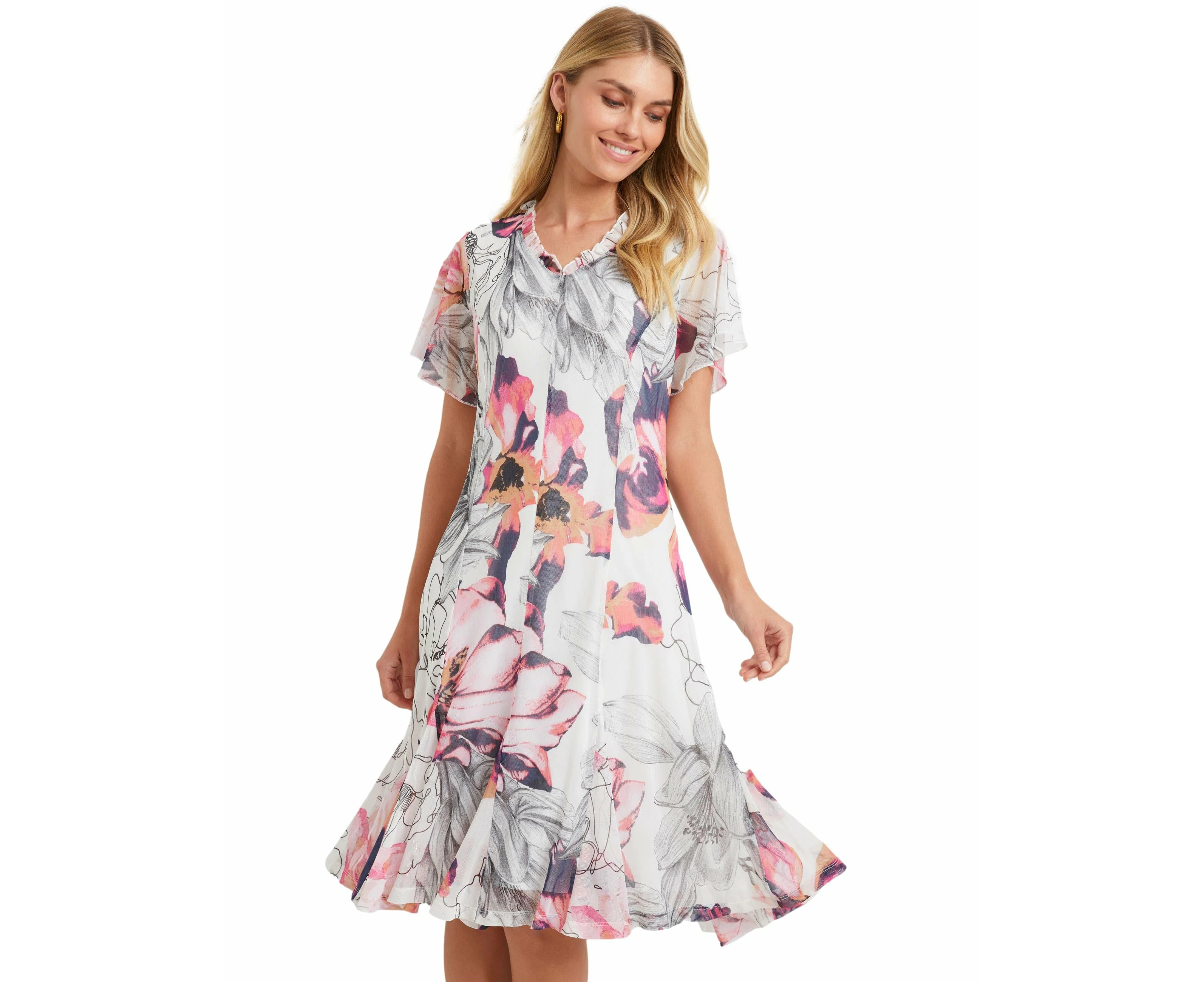 Noni B Womens Dress - Regular White A Line - Summer - Relaxed Fit - Floral - Bell Sleeve - Knee Length