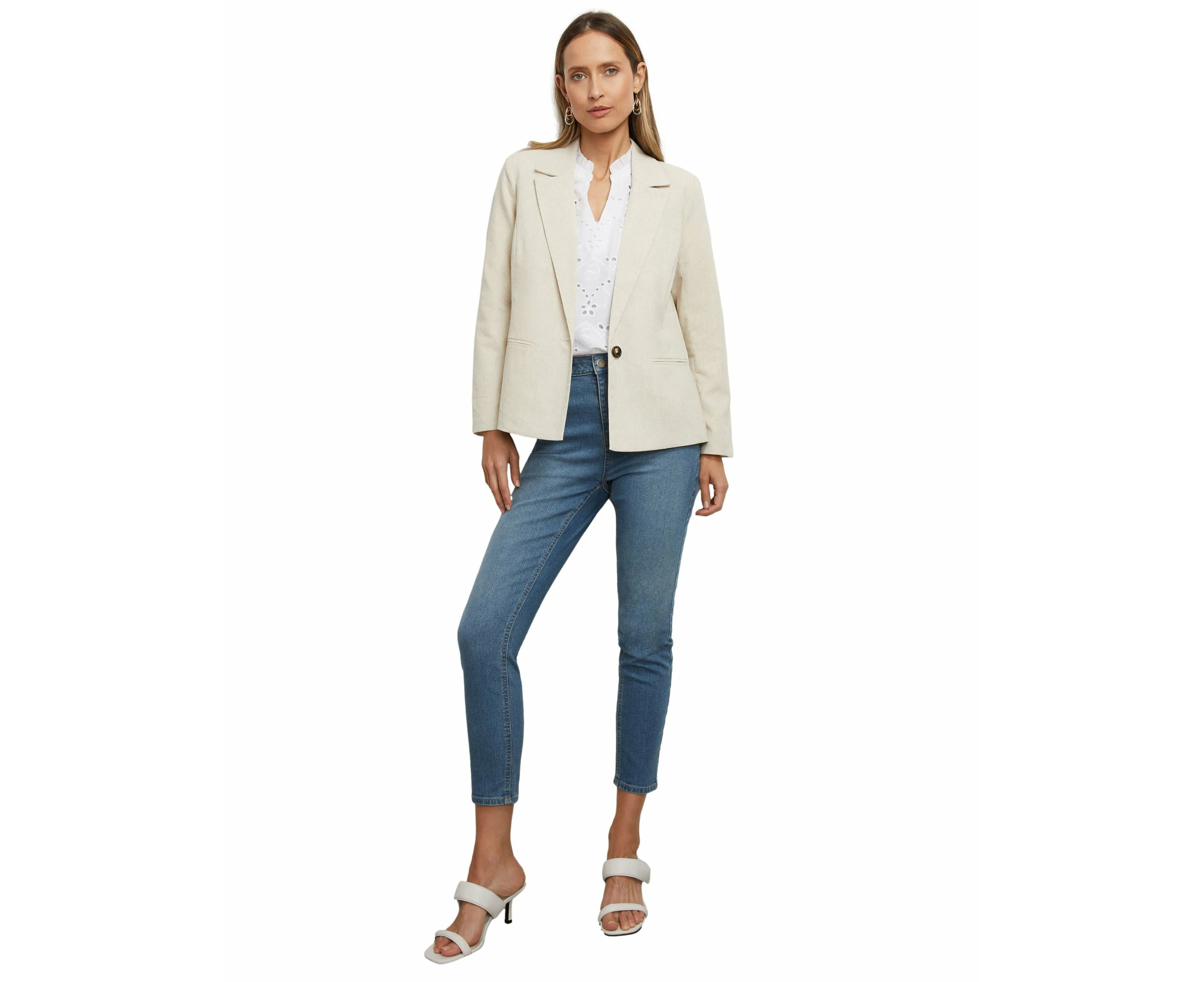 Liz Jordan Womens Blazer - Regular Beige Jacket - Coat - Winter - Relaxed Fit - Solid - Straight Sleeve