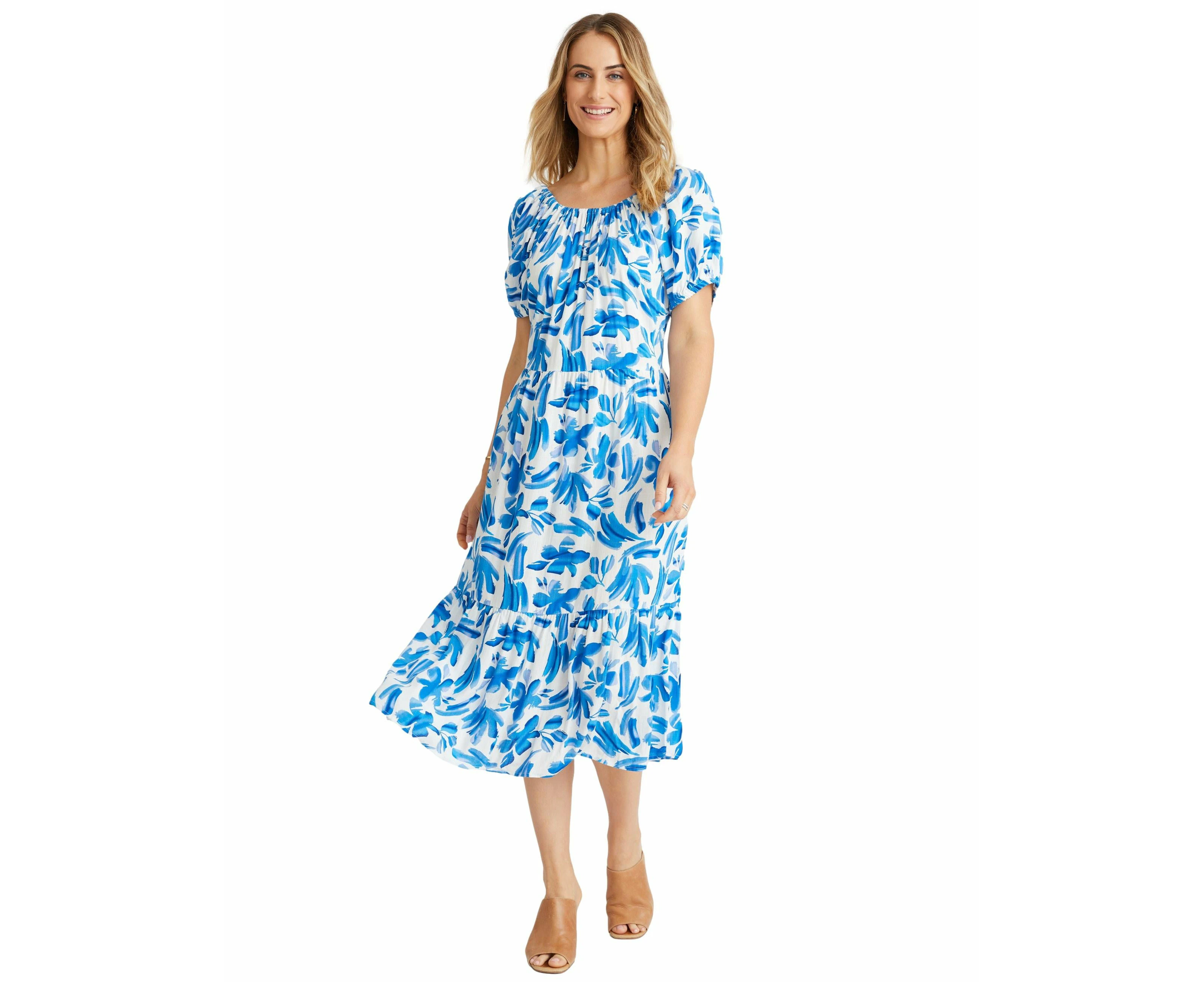 Millers Womens Dress - Regular Blue A Line - Summer - Relaxed Fit - Abstract - Puff Sleeve - Midi