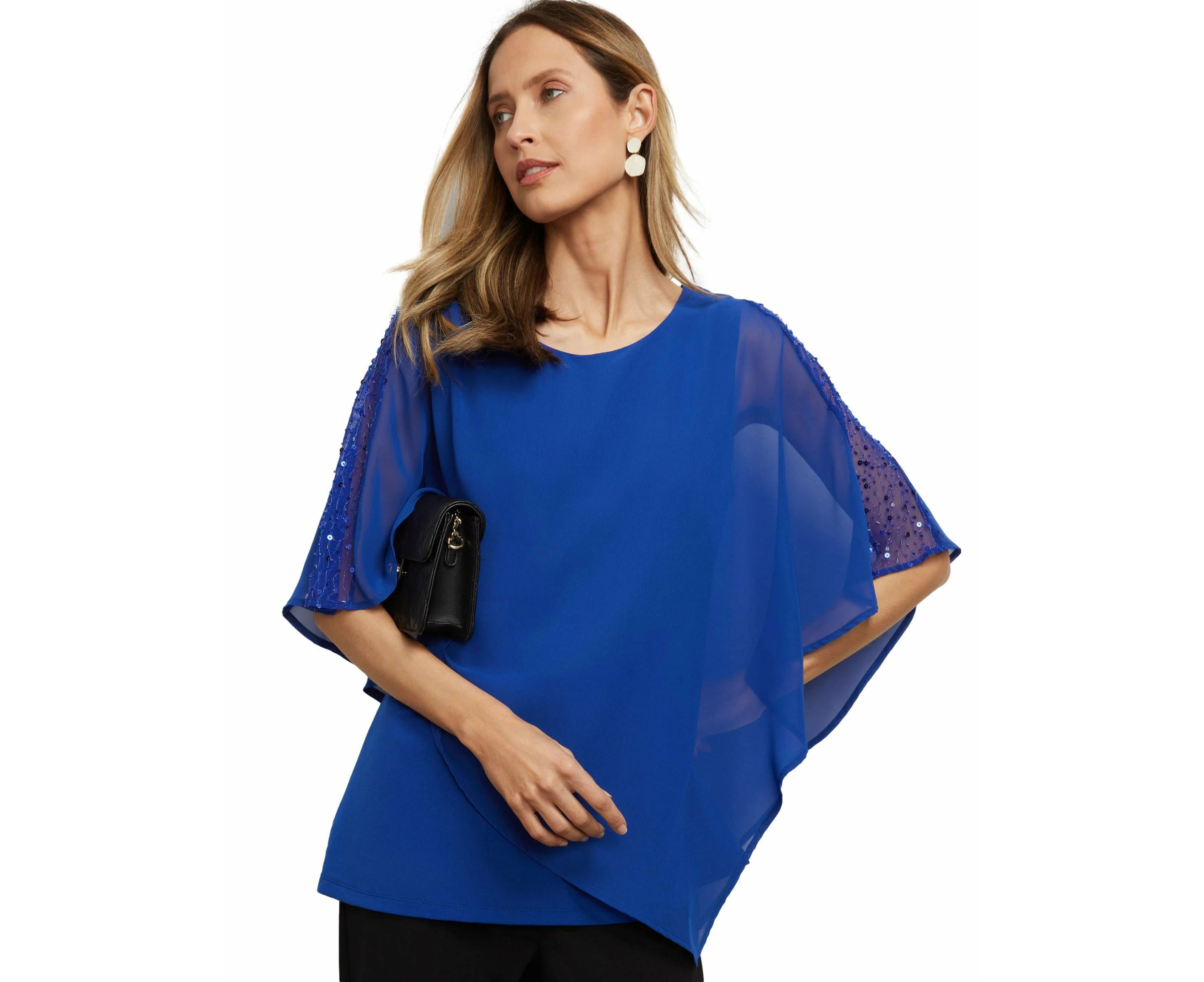 Liz Jordan Womens Tops - Regular Blue Blouse - Shirt - Summer - Relaxed Fit - Solid - Batwing Sleeve - Length Regular