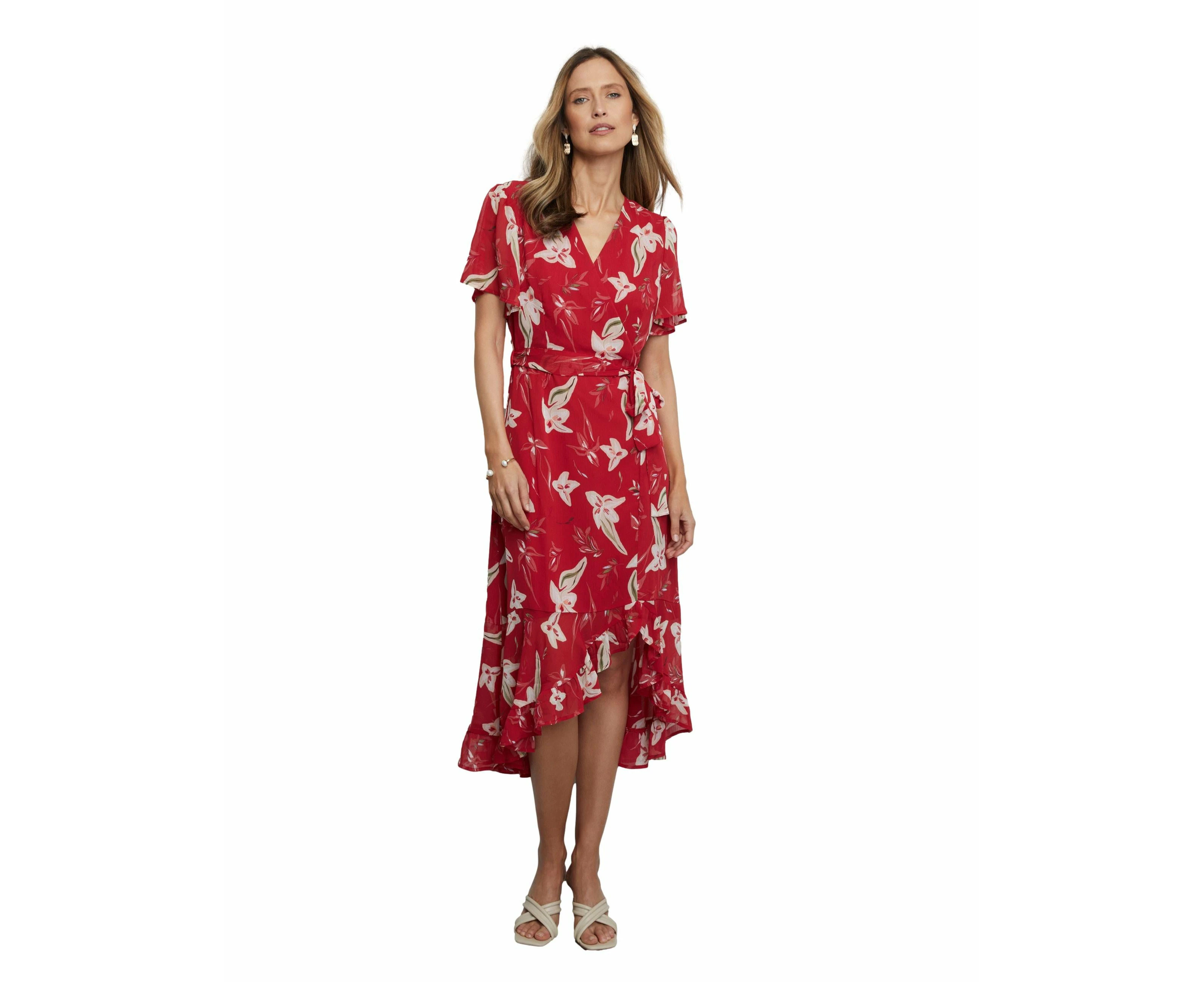 Liz Jordan Womens Dress - Regular Red Wrap - Summer - Relaxed Fit - Floral - Straight Sleeve - Knee Length