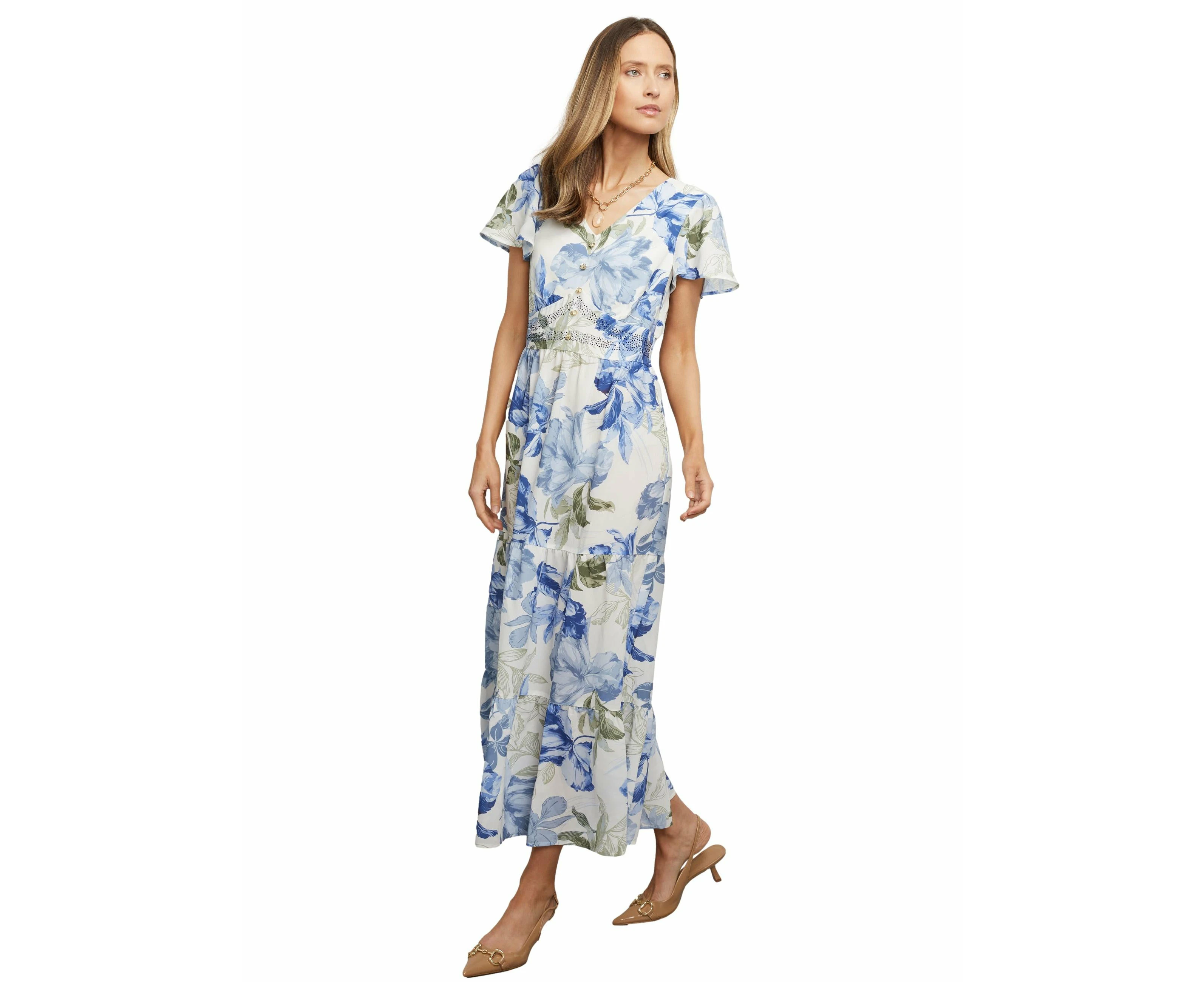 Liz Jordan Womens Dress - Regular Blue Maxi - Long - Summer - Relaxed Fit - Floral - Bell Sleeve - Maxi