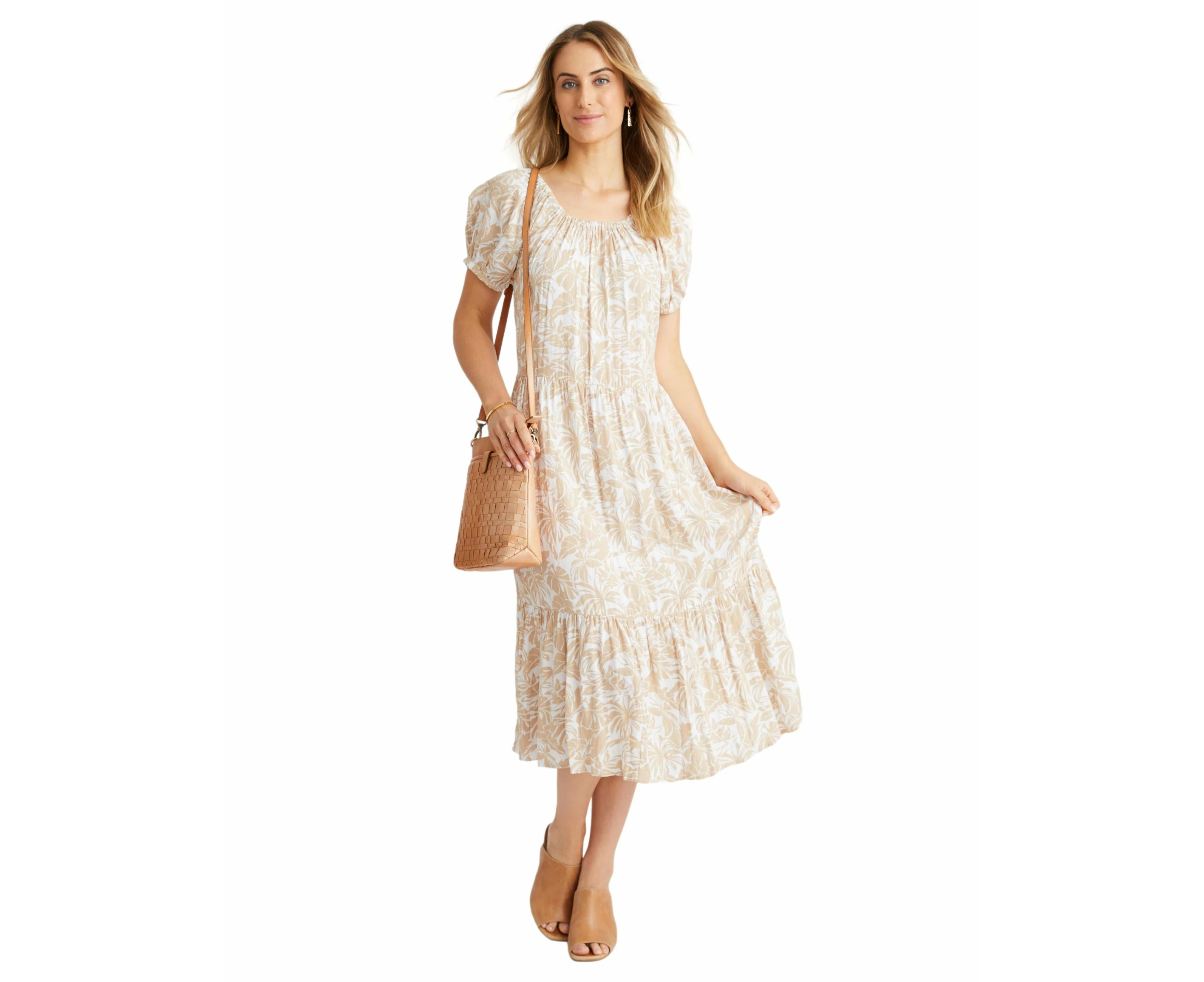 Millers Womens Dress - Regular Beige A Line - Summer - Relaxed Fit - Floral - Puff Sleeve - Midi