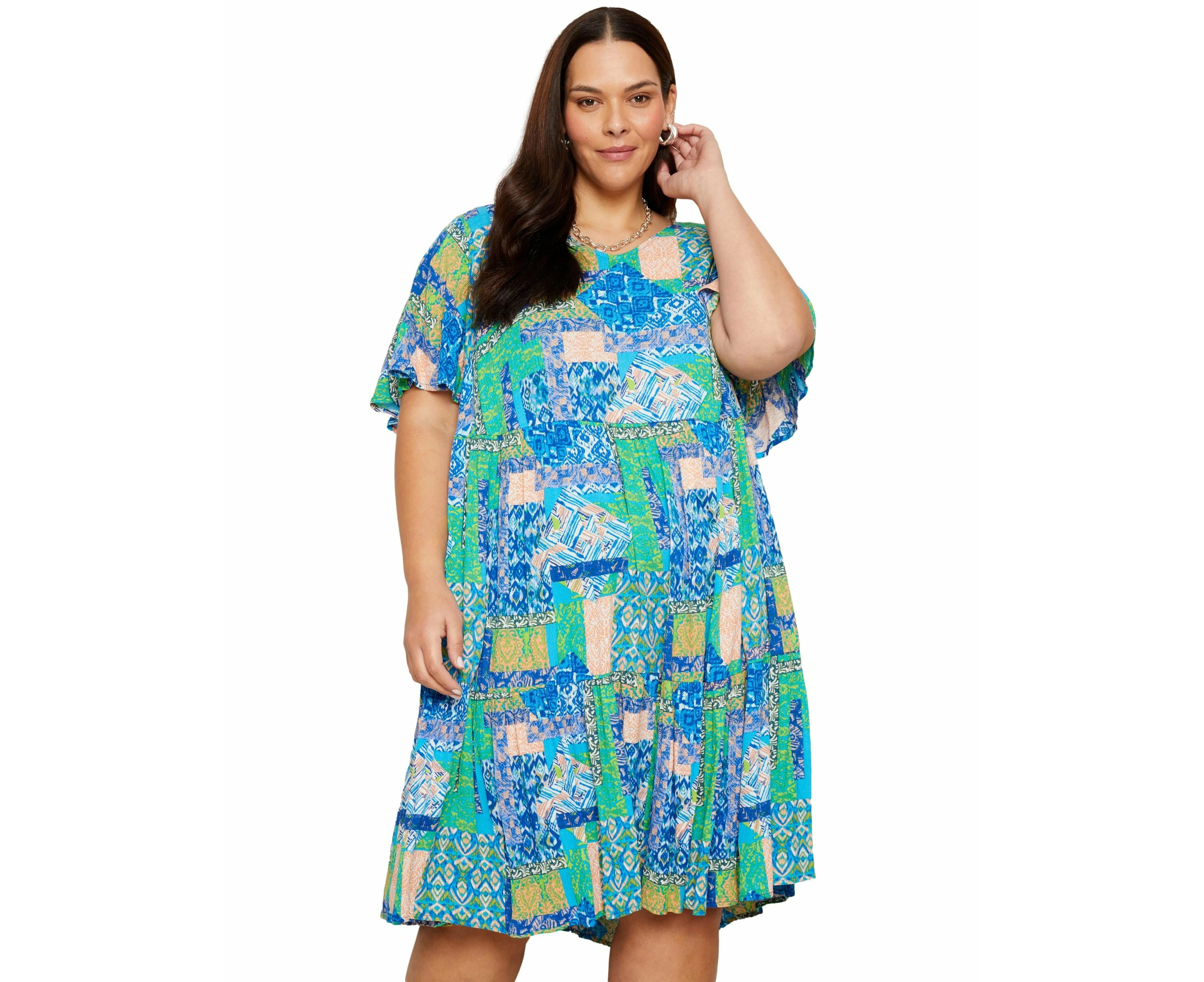 Autograph Womens Dress - Plus Size Blue A Line - Summer - Relaxed Fit - Abstract - Bell Sleeve - Knee Length