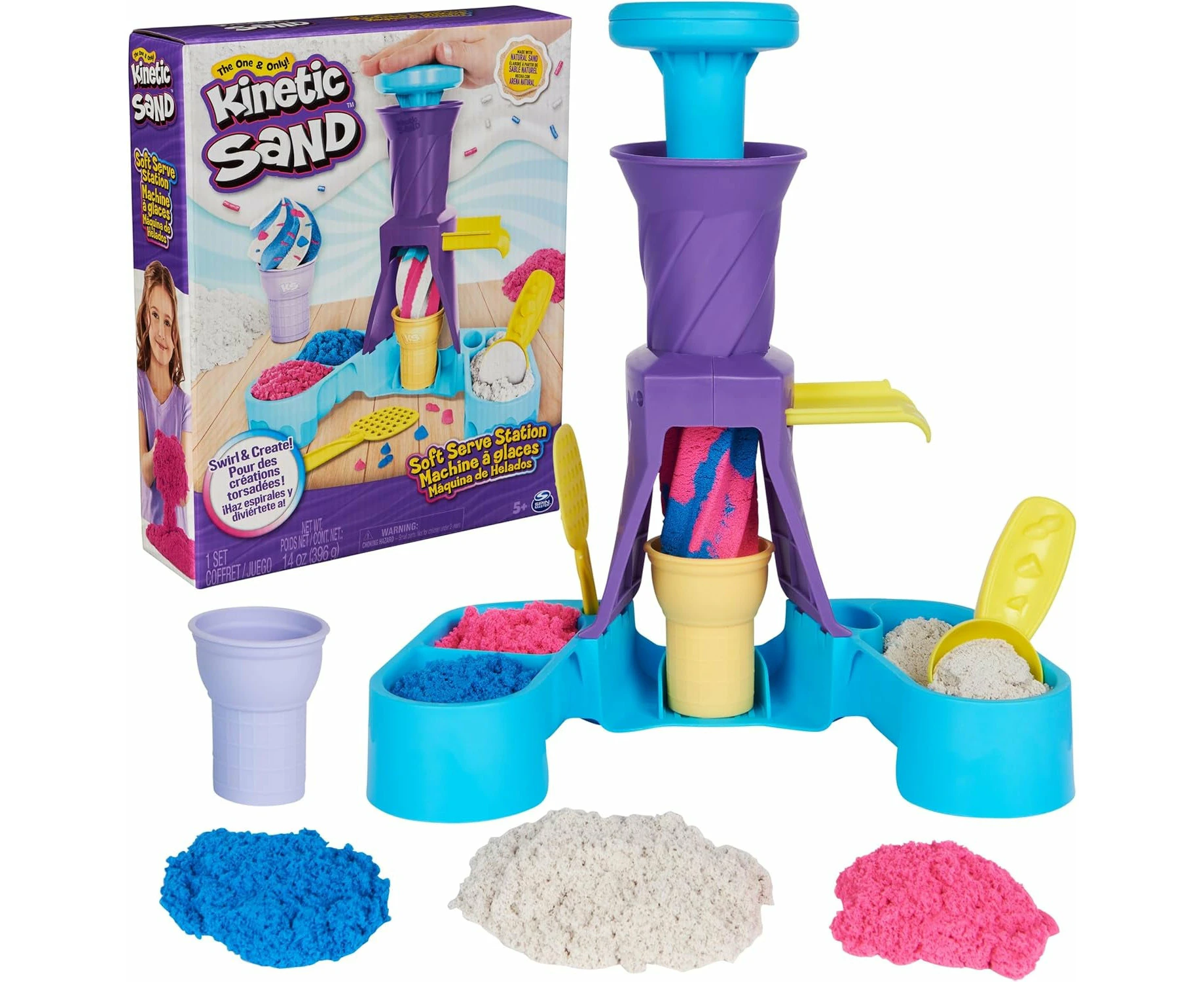 Kinetic Sand, Soft Serve Station with 14oz Play Sand (Blue, Pink & White), 2 Ice Cream Cones & 2 Tools, Sensory Toys for Kids, Classroom Must Haves