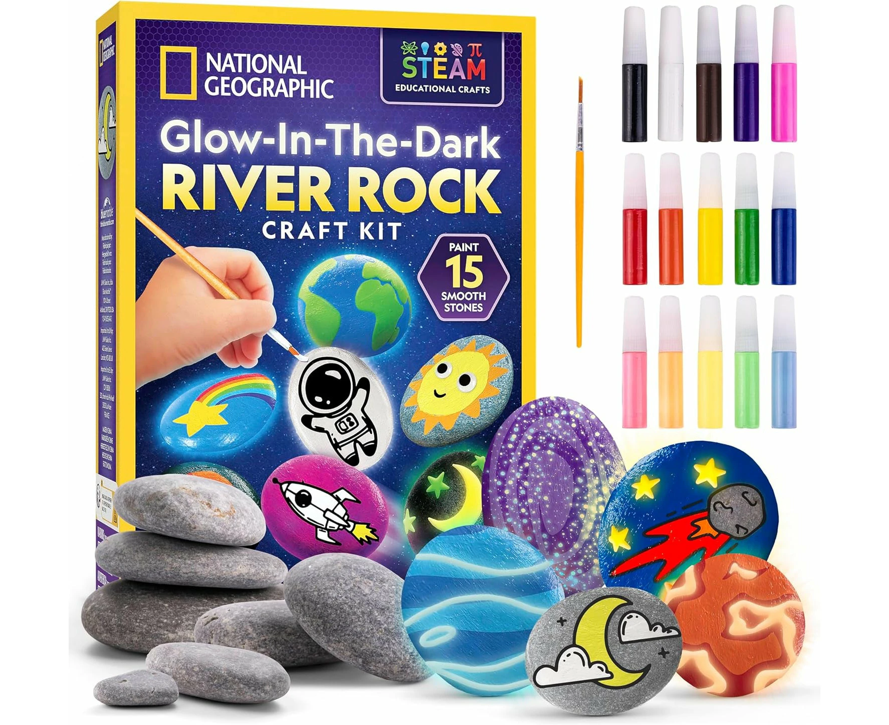 Blue Marble National Geographic Glow in the Dark Rock Painting Kit - Arts & Crafts Kit for Kids, Decorate 15 River Rocks with 15 Paint Colours & More Ar