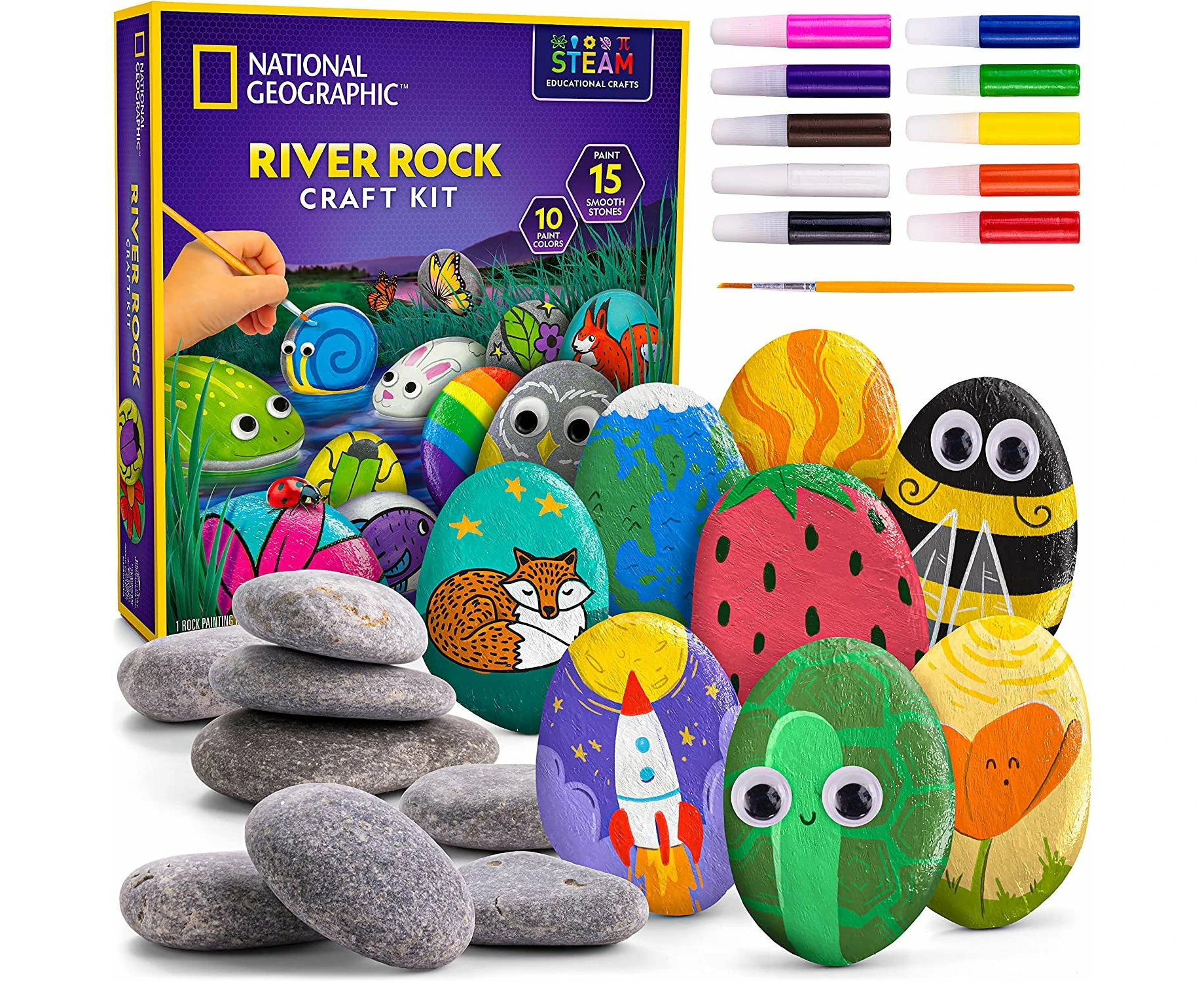 Blue Marble National Geographic Rock Painting Kit - Arts & Crafts Kit for Kids, Paint & Decorate 15 River Rocks with 10 Paint Colours & More Art Supplie